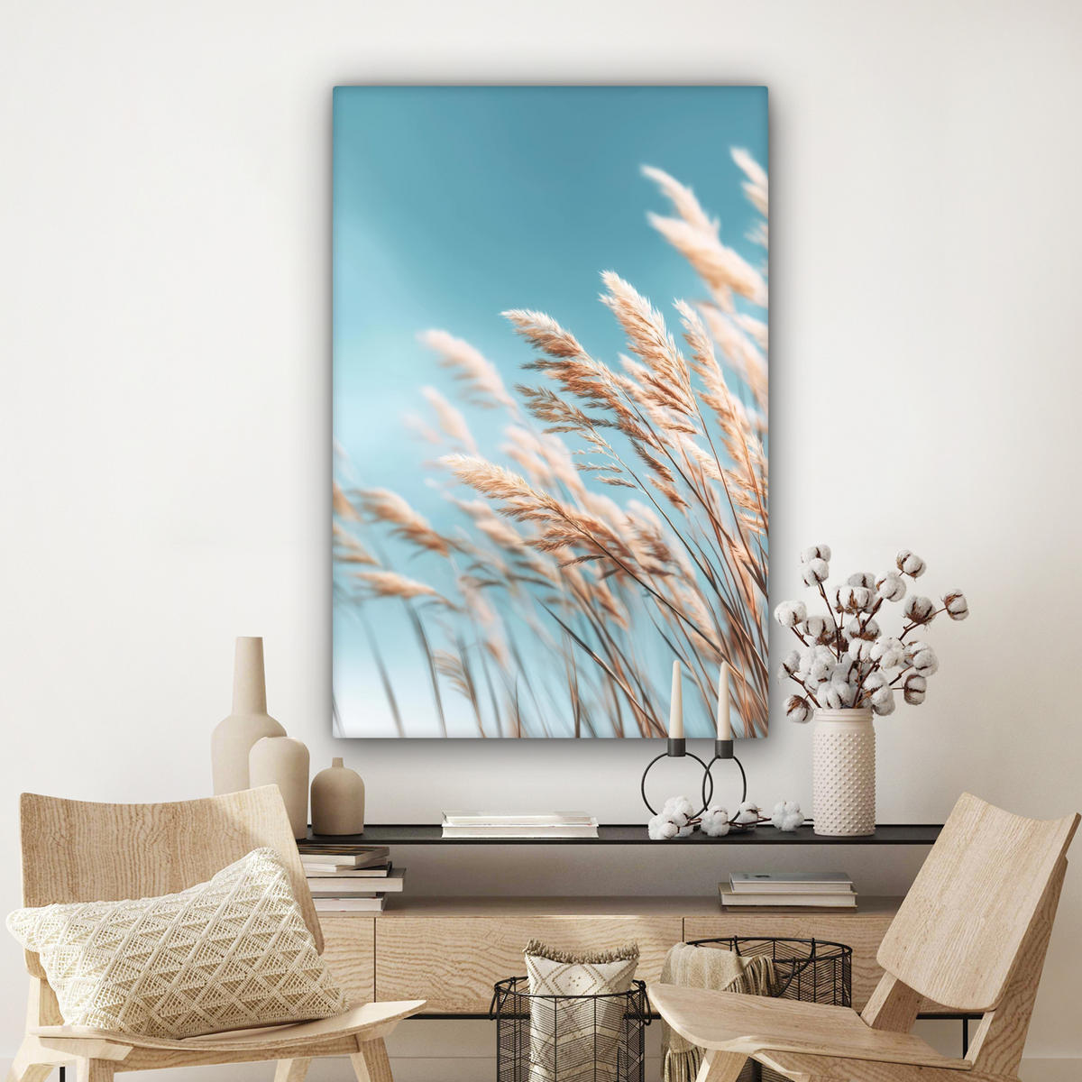LEINWANDBILD Ziergras - Wind - Hellbraun Deko XXL 80x120 cm - Hellblau, Textil (80/120cm) - MuchoWow