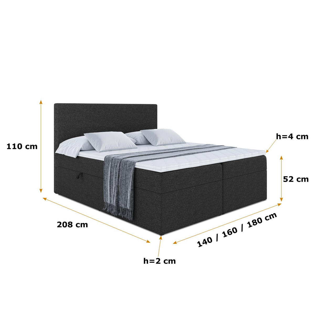 BOXBETT mit H4-Matratze und Lattenrost - LUKI - 180x200 Schwarz - Schwarz, Holzwerkstoff (180/200cm) - ALTDECOR