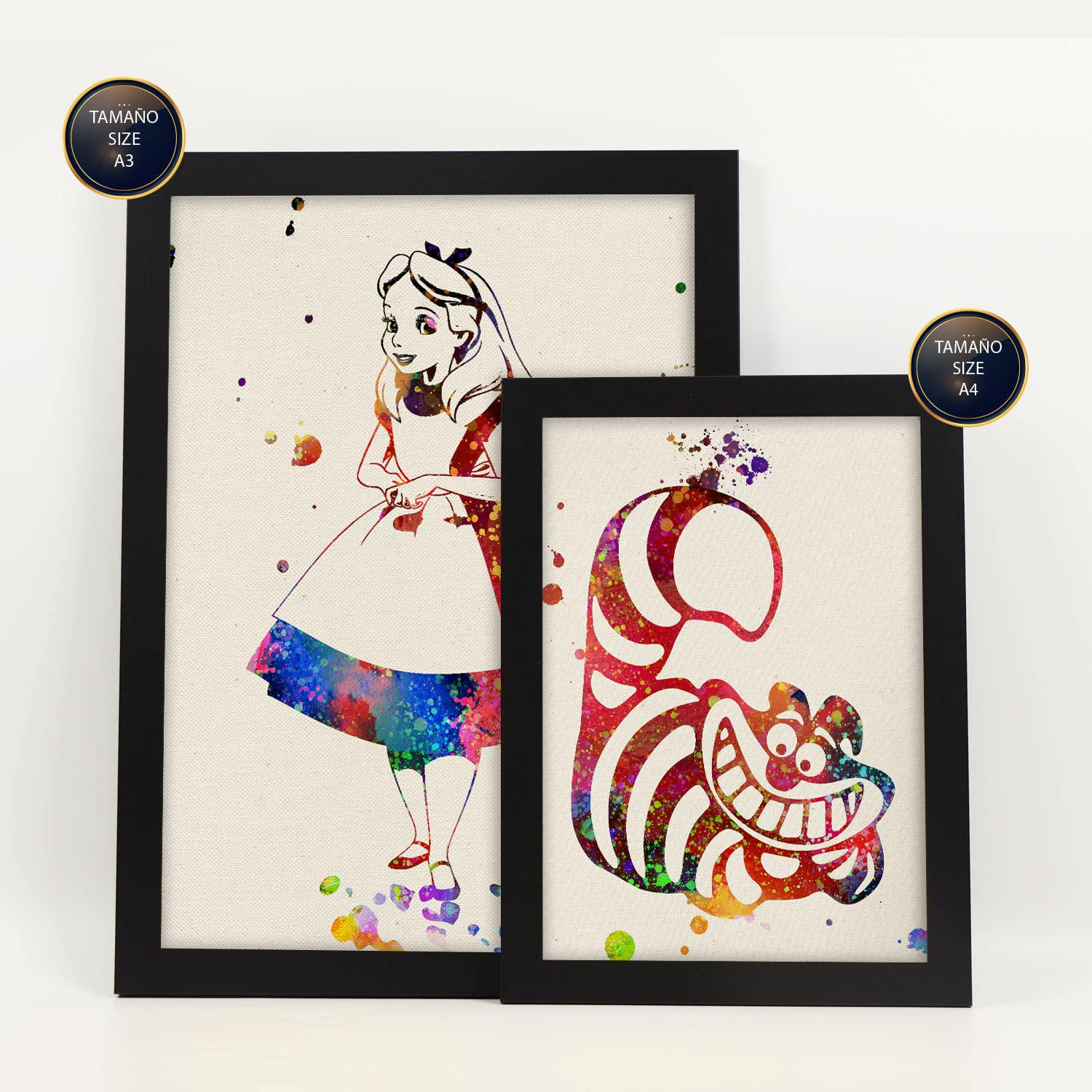 POSTER Set Mit 6 Alice Im Wunderland Illustrationen Im Aquarell Stil Von Klassischen Kindermärchen, Filmen Und Büchern A3 & A4 Schwarzer Rahmen - Schwarz, Papier (29/3cm) - Nacnic