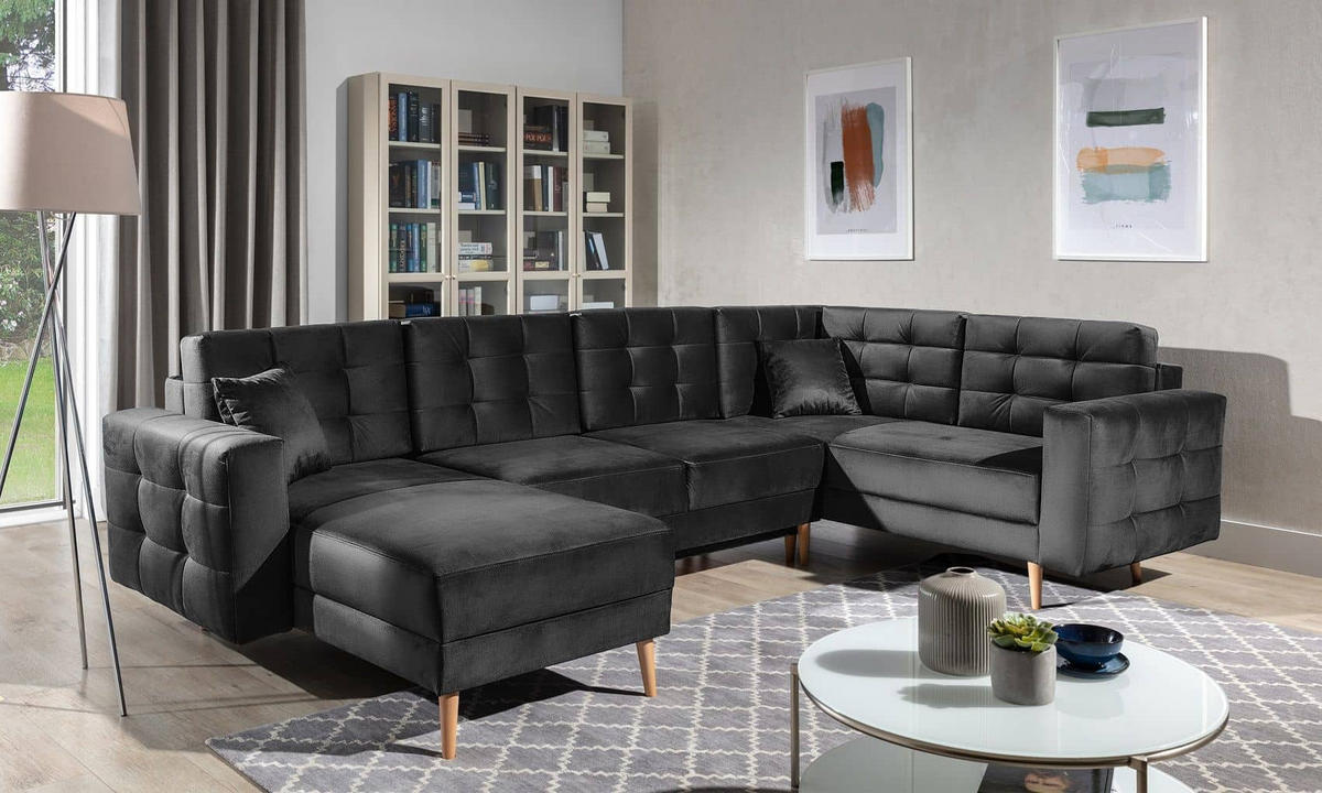 WOHNLANDSCHAFT mit Schlaffunktion, beidseitig montierbar - Dunkelgrau/Pinienfarben, Holz/Textil (326/92/202cm) - Eltap