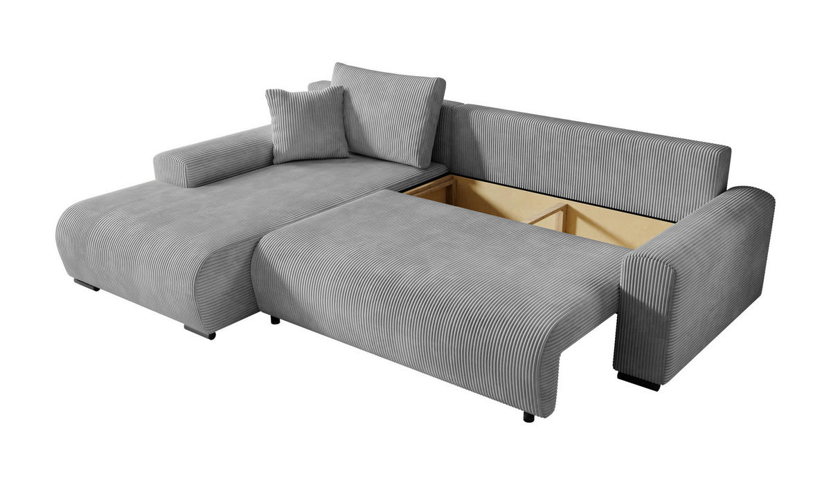 ECKSOFA Nelly mit Bettkasten und Schlaffunktion, Cordstoff in L-Form - Grau, Textil (270/185cm)