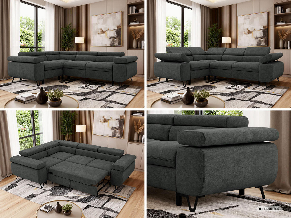 ECKSOFA FALCO L - Dunkelgrau Stukture - Links Seite - Dunkelgrau/Schwarz, Textil/Metall (197/268cm) - MKS