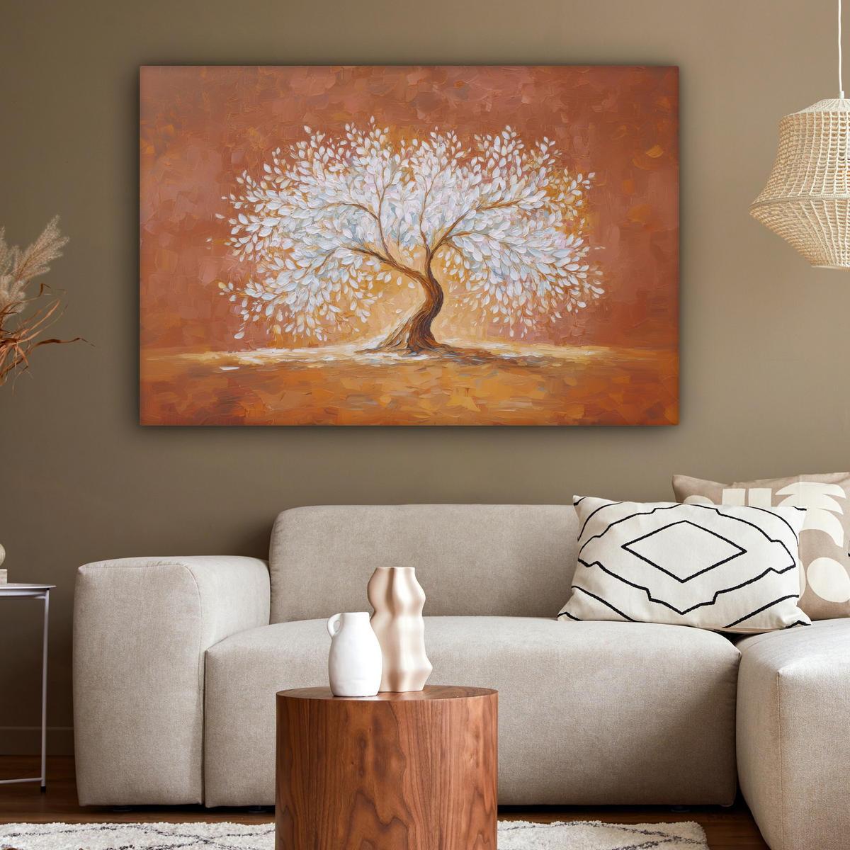 LEINWANDBILD Abstrakt - Baum - Weiß - Blätter XXL 150x100 cm - Braun, Textil (150/100cm) - MuchoWow