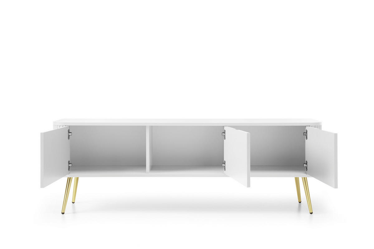 TV-SCHRANK "NOVA" Weiß 154x39x56cm Geriffelt Regal, 2-Türen, Schublade, Gold Beine - Goldfarben/Weiß, Holzwerkstoff/Kunststoff (168/56/39cm) - DomoHome