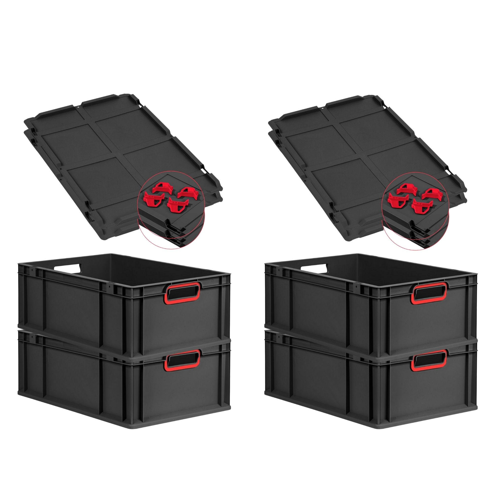 EUROBOX 4x NextGen Color mit Auflagedeckel 22x40x60 cm 44 Liter Schwarz Griffe rot offen - Rot/Schwarz, Kunststoff (40/22/60cm) - PROREGAL