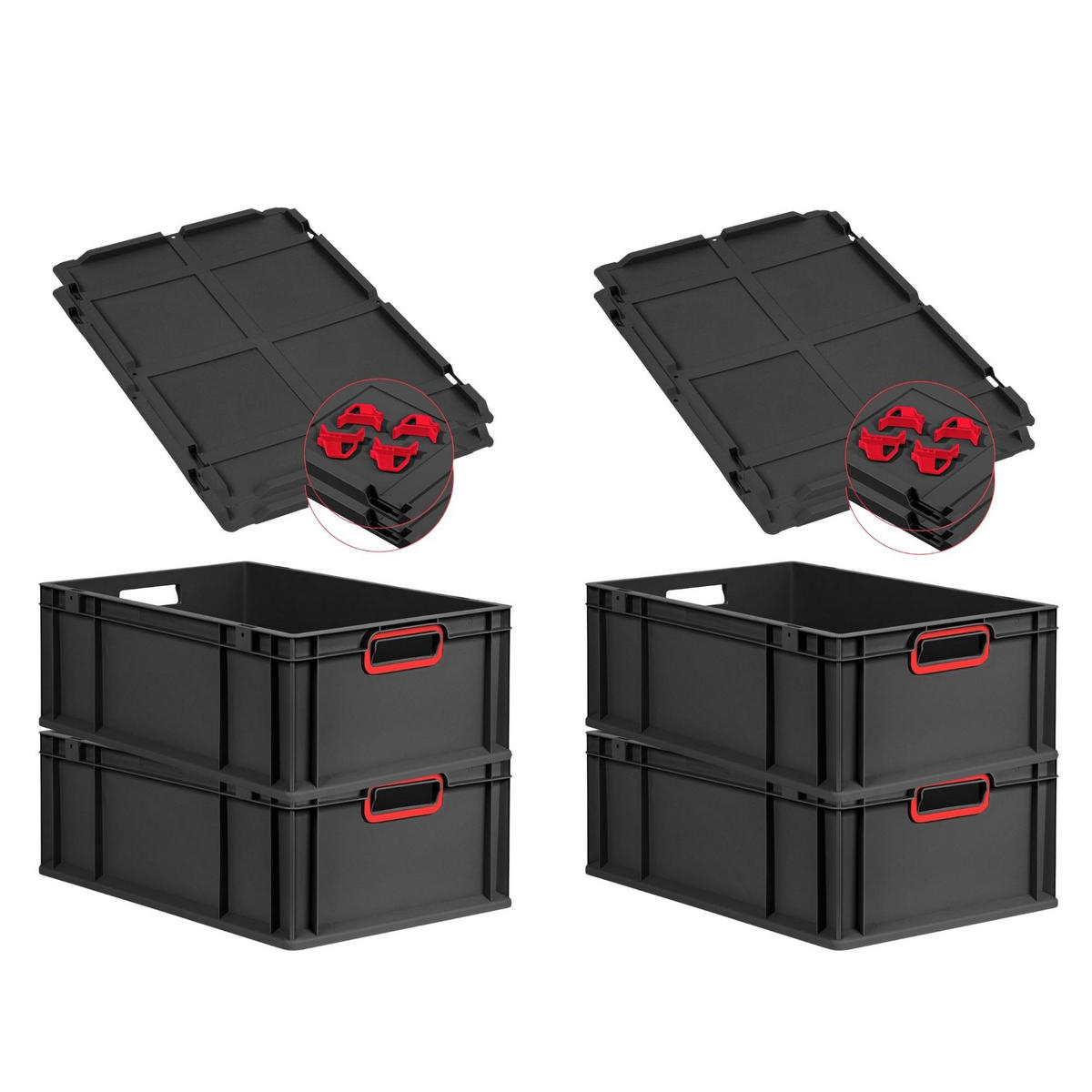 EUROBOX 4x NextGen Color mit Auflagedeckel 22x40x60 cm 44 Liter Schwarz Griffe rot offen - Rot/Schwarz, Kunststoff (40/22/60cm) - PROREGAL