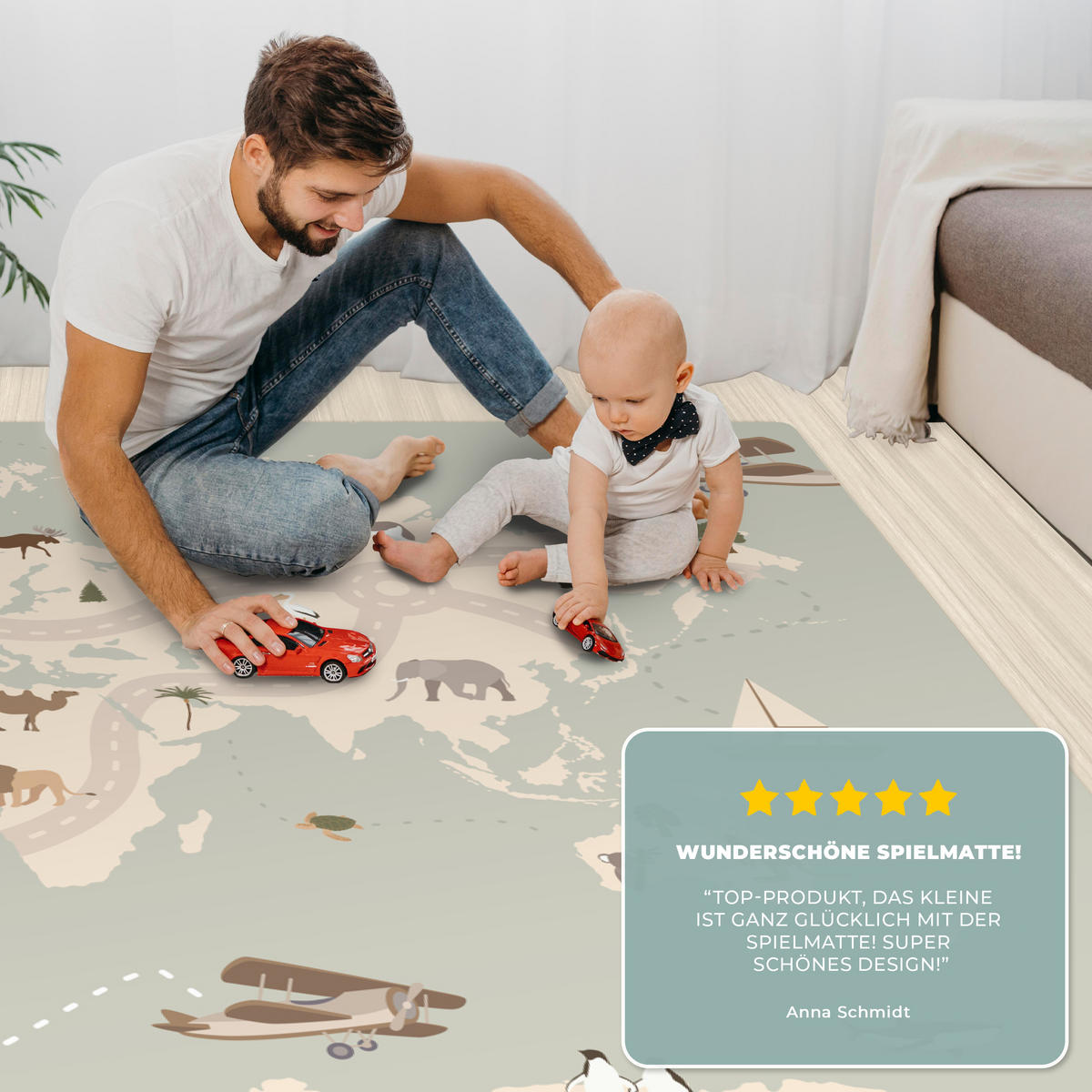 KINDERTEPPICH Weltkarte - Tiere - Flugzeug - Kind - Heißluftballon 180x120 cm - Multicolor, Kunststoff (180/120cm) - MuchoWow