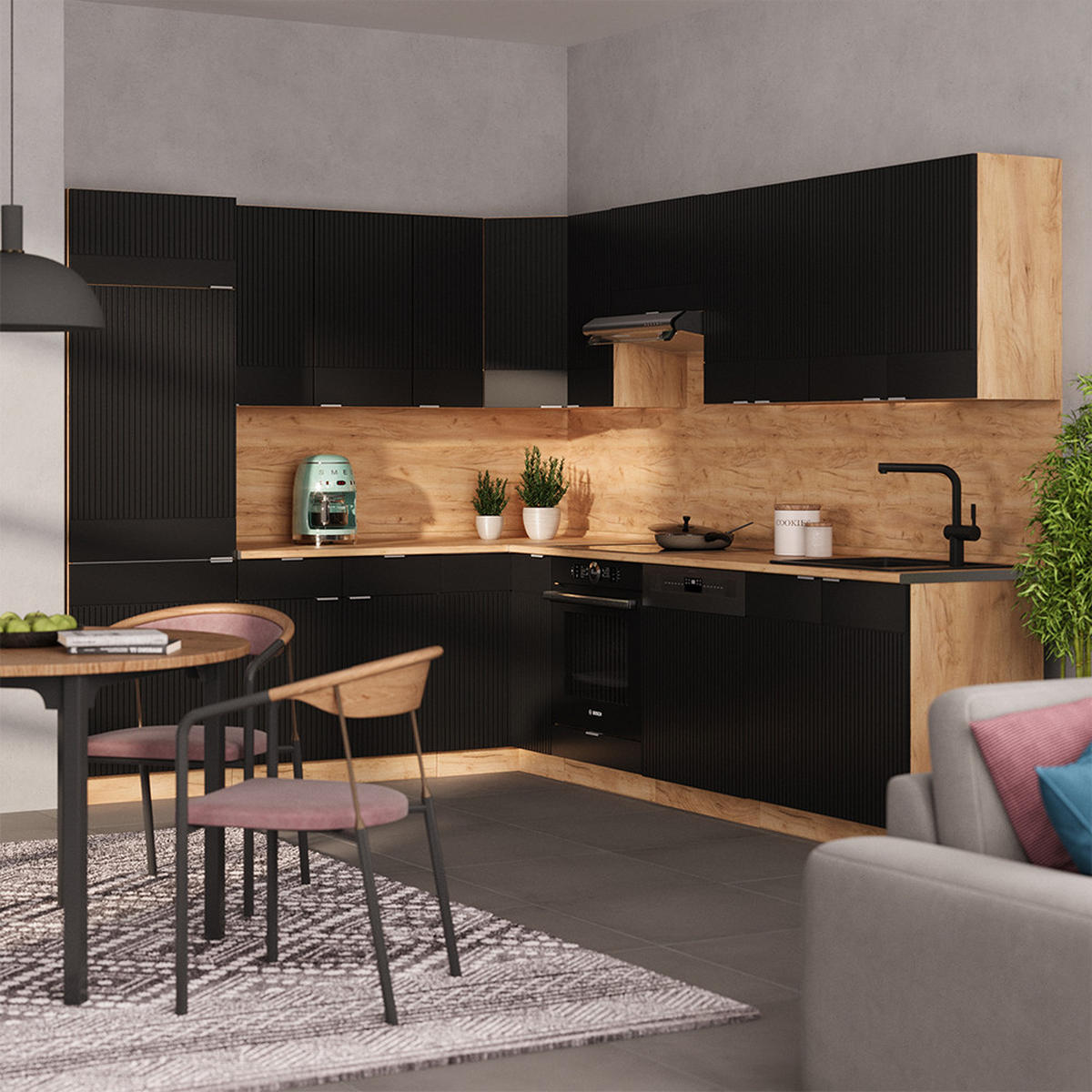 ECKKÜCHE Fame-Line, Schwarz gestreift/Goldkraft Eiche, 227 x 287 cm, AP Anthrazit - Honigeiche/Schwarz, Holzwerkstoff (227/81.6/60cm) - Vicco