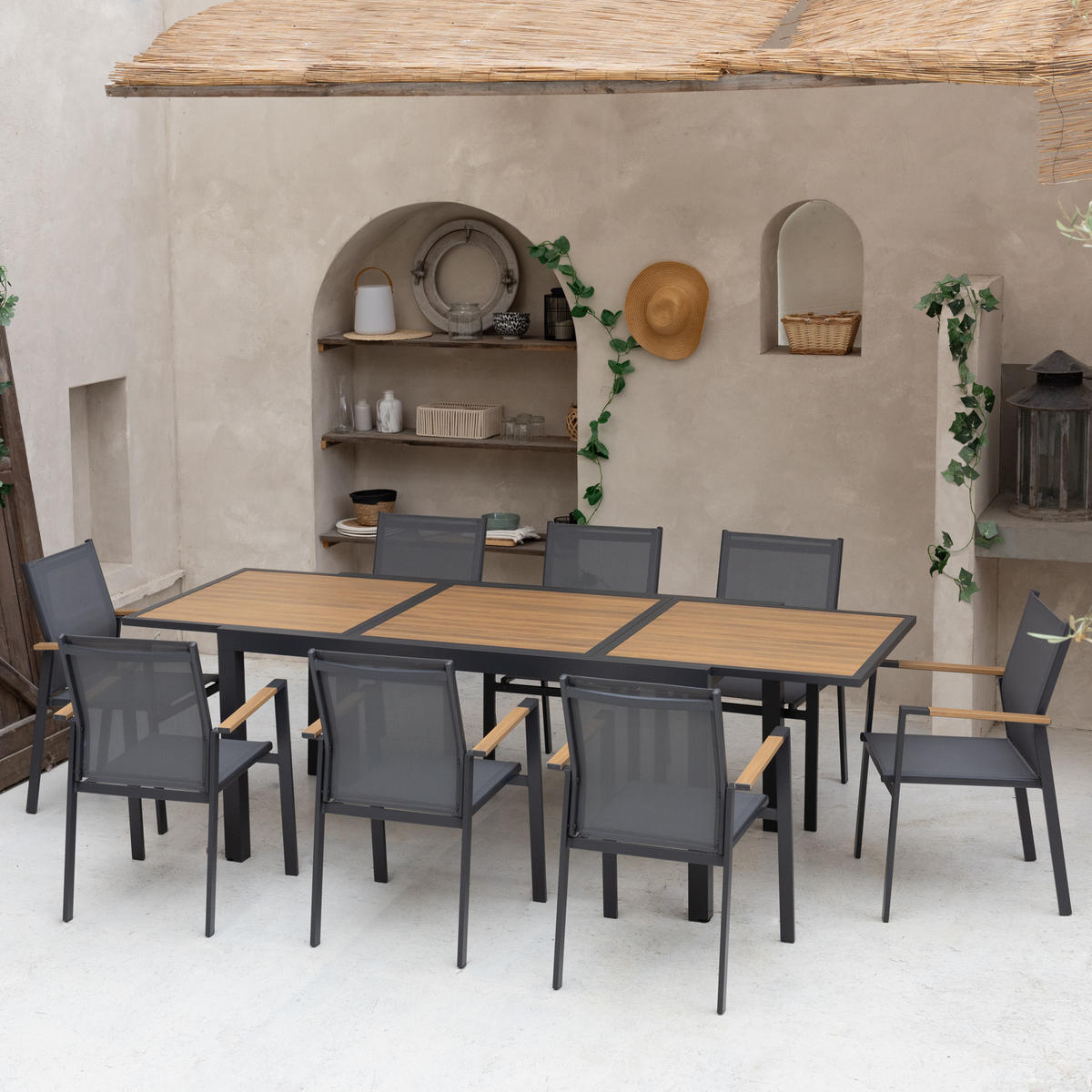 GARTENMÖBEL Palermo Grau und Anthrazitgrau 8 Plätze - Grau, Metall - Happy Garden