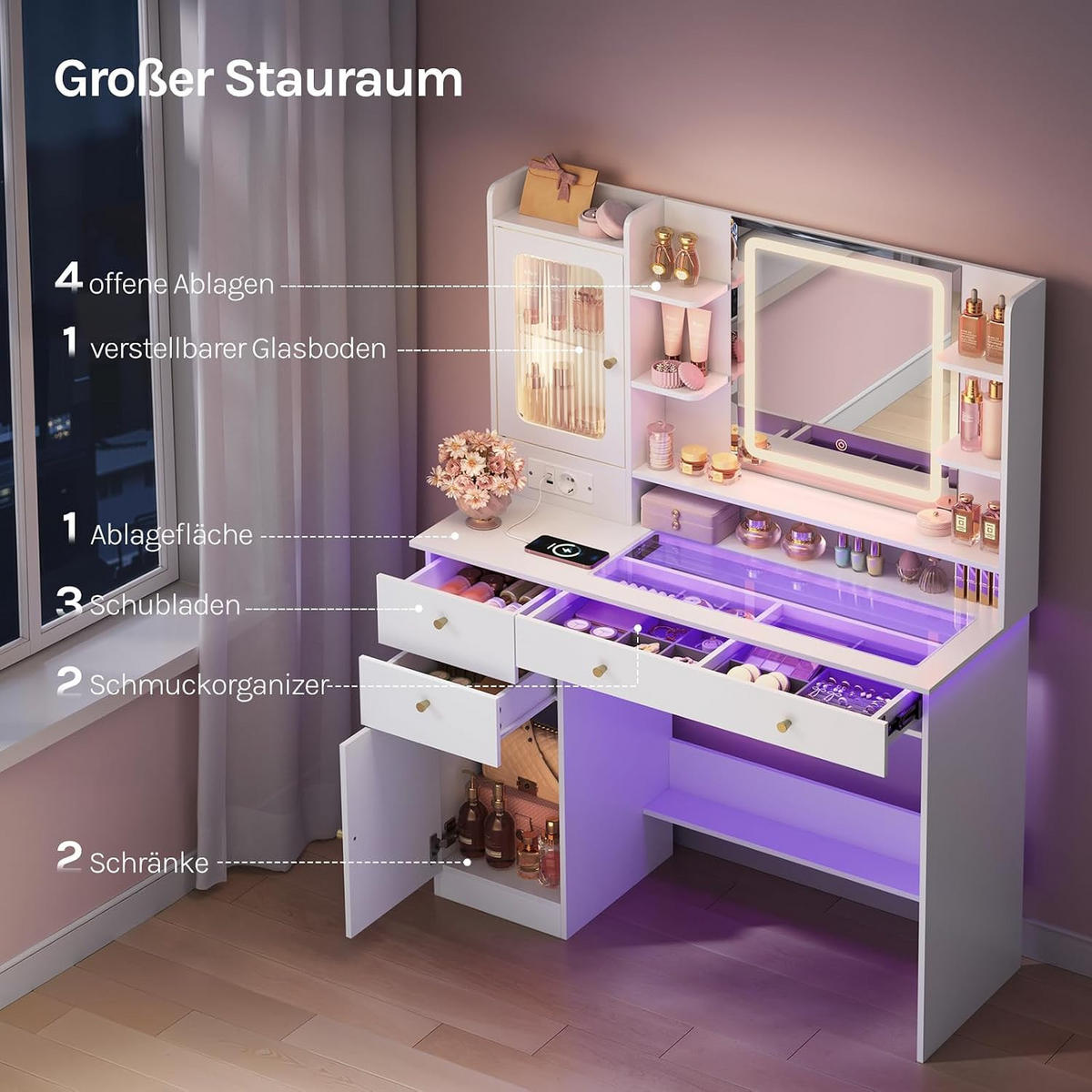 SCHMINKTISCH mit RGB- und LED-Beleuchtung Weiß - Weiß, Glas/Holzwerkstoff (104/136/40cm) - Woltu