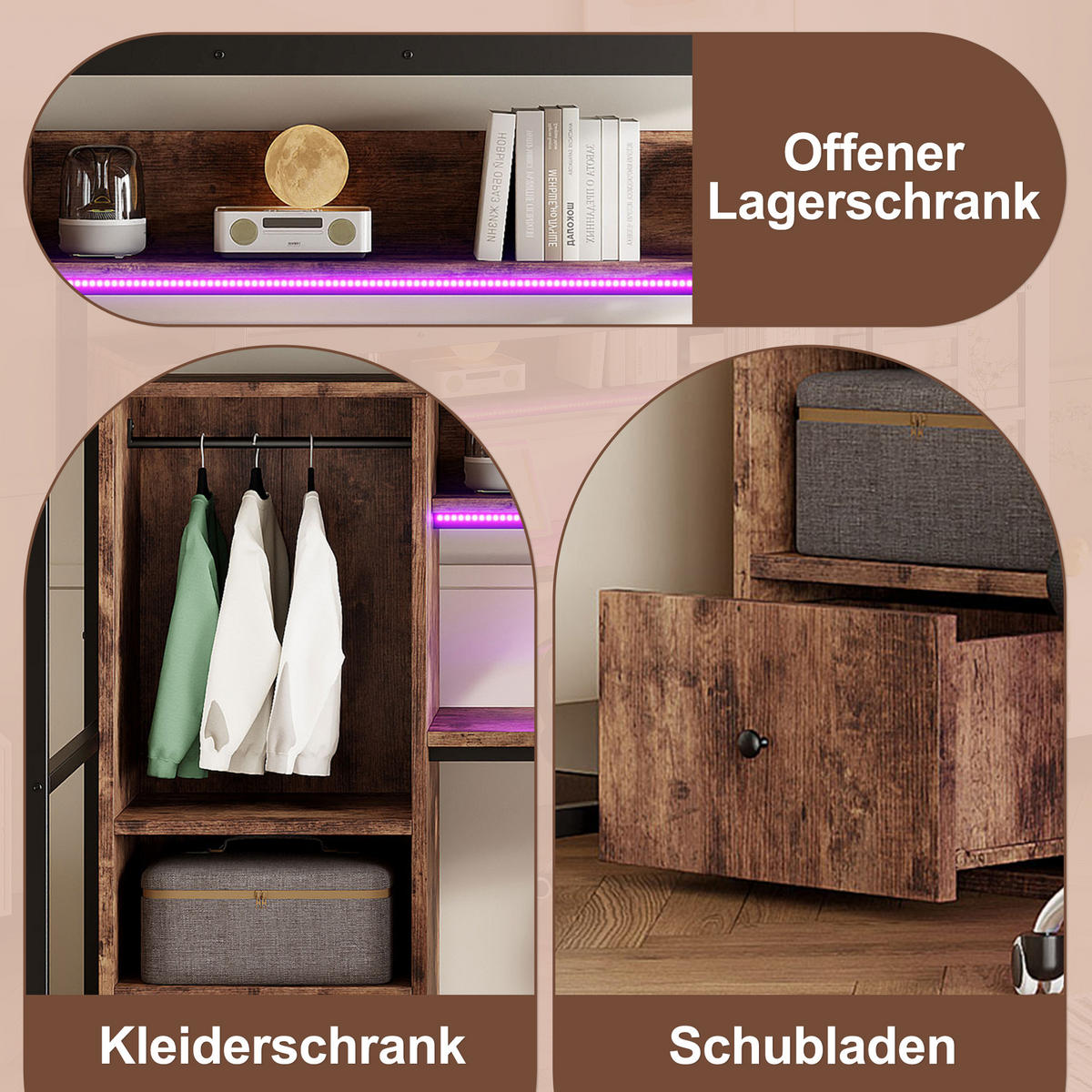 HOCHBETT 90/200 cm in Schwarz mit Schreibtisch, 1 Schublade, Regal und LED - Schwarz, Holzwerkstoff/Metall (90/200cm) - STILVORA