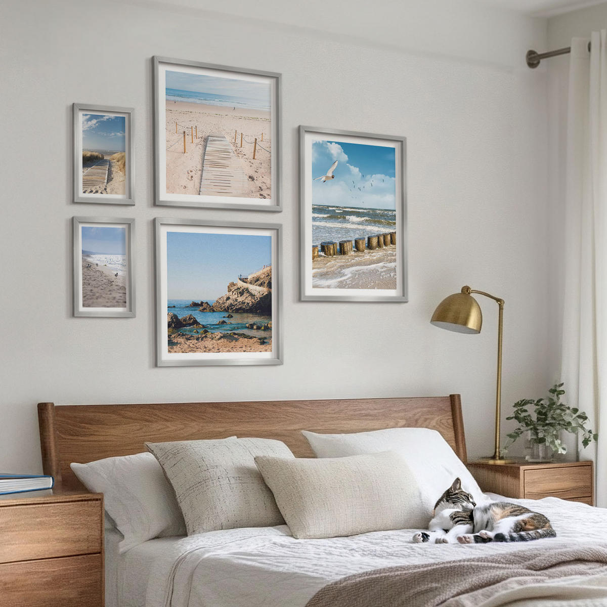 BILDER SET 5er Set - 50x50 cm & 20x30 cm & 40x60 cm Silberner Rahmen - Strand, Sand, Wellen, Himmel, Vögel - Silberfarben, Kunststoff (40/60cm) - TULUP