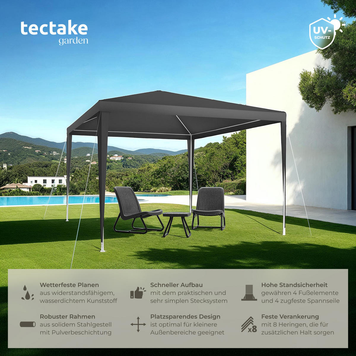 PAVILLON Farah,wasserdicht,grau - Grau, Kunststoff (300/250/300cm) - tectake