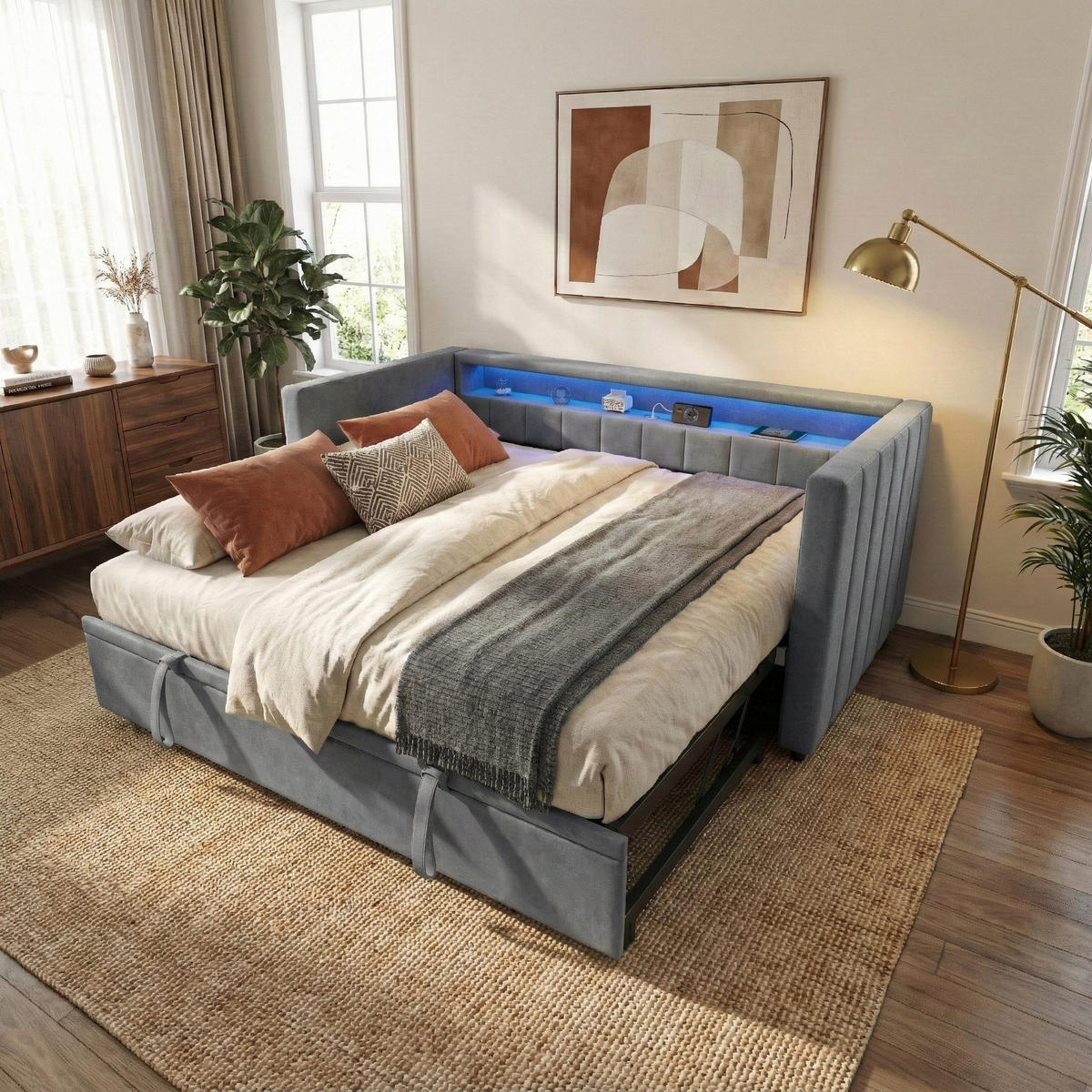 SCHLAFSOFA 90x190cm Ausziehsofa,USB-/Type-C-Anschluss,Samt,Grau - Grau, Textil (201/73/100cm) - LVHOM