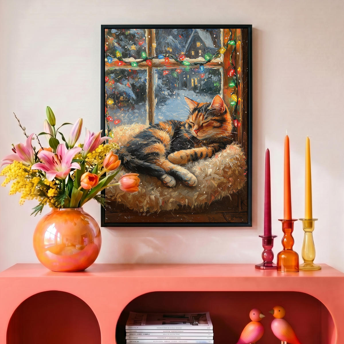 LEINWAND Bilder mit Rahmen - Katze - Weihnachten - Winter - Tier - 30x40 - Bernsteinfarben, Textil (30/40cm) - MuchoWow