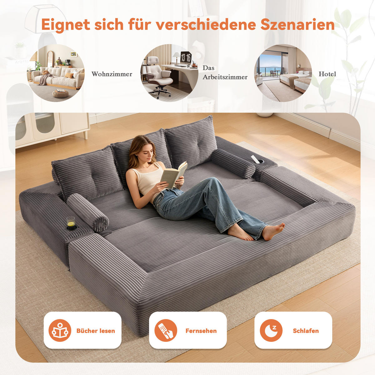 SCHLAFSOFA, 2-in-1 Klappsofa mit Getränkehalter, Modulares Bodensofa Cordstoff, Dunkelgrau - Dunkelgrau, Textil (232/80/98cm) - LVHOM