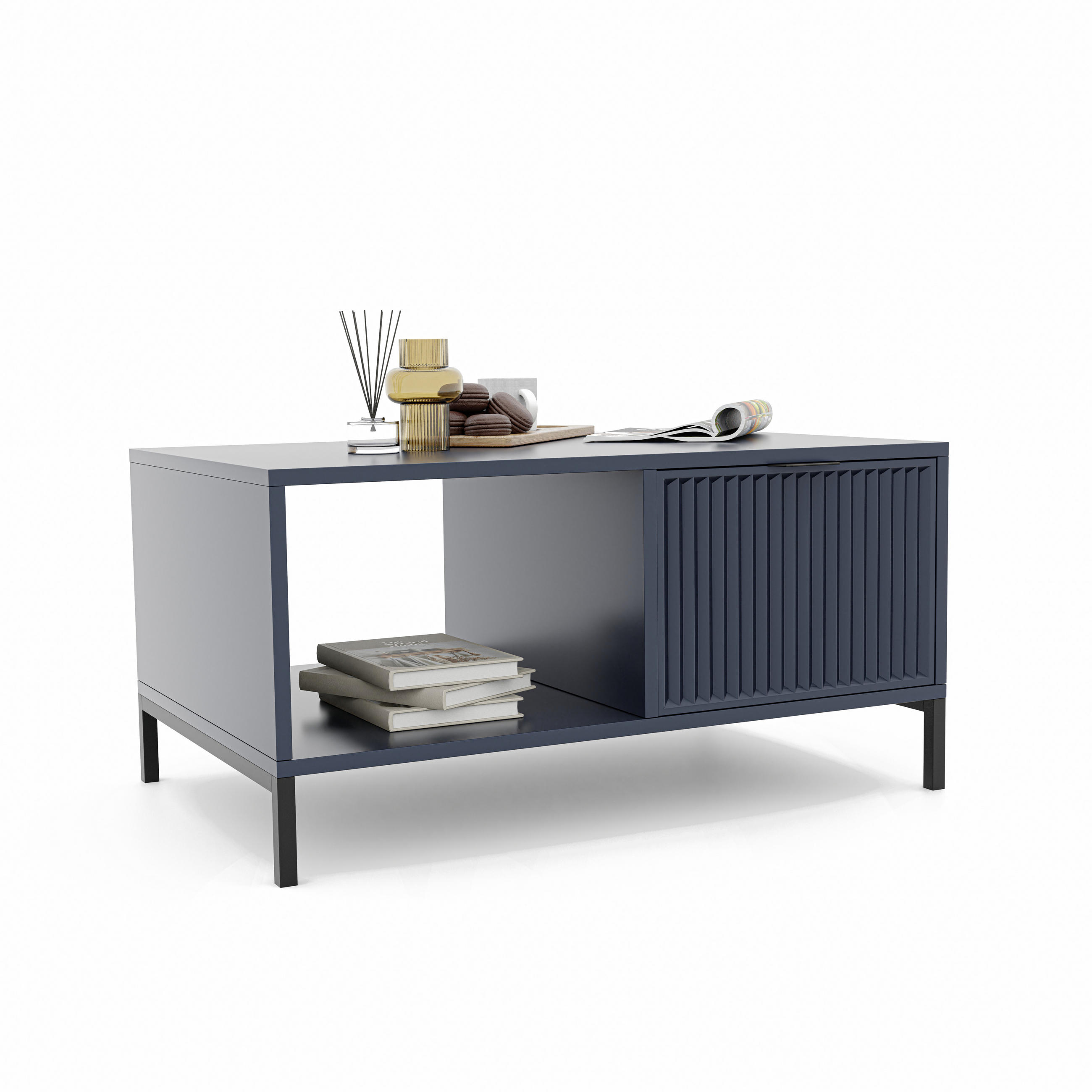 COUCHTISCH WAVE Modern mit Schublade, Blau - Schwarz/Dunkelblau, Holzwerkstoff/Metall (58/90/45.5cm) - Idohome