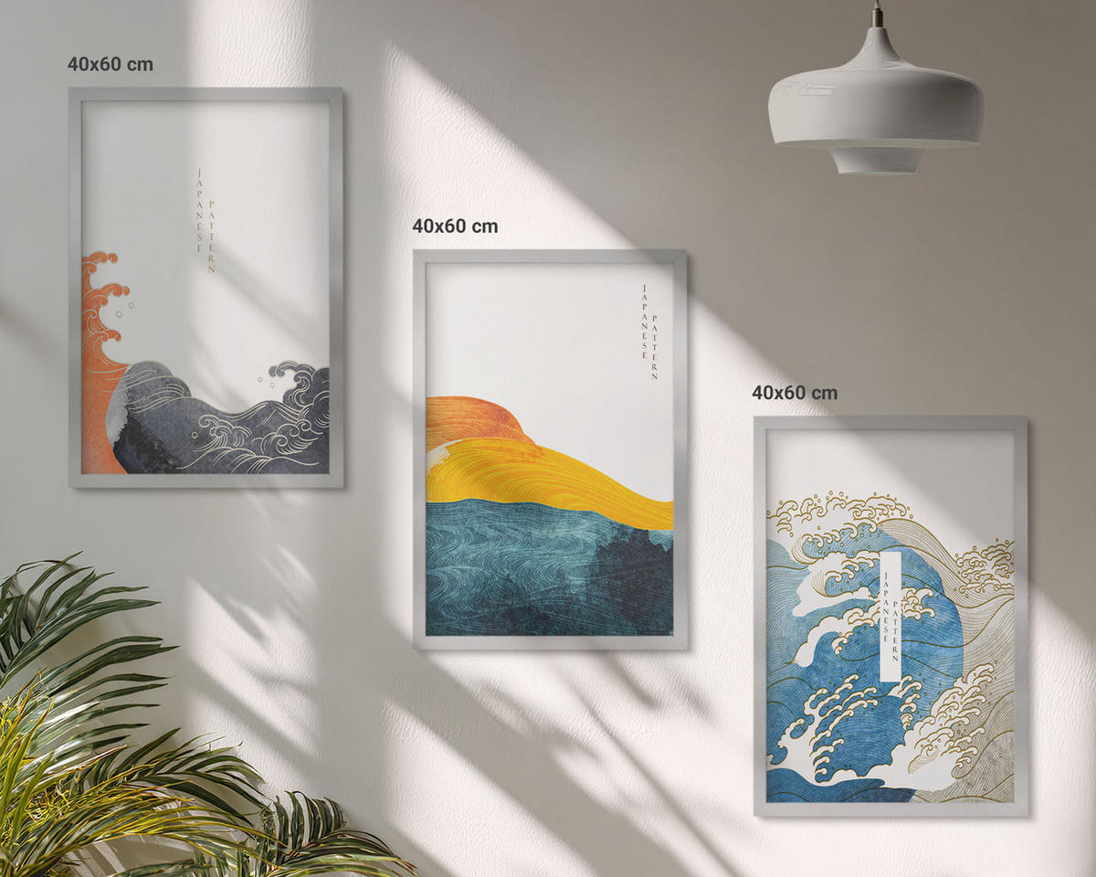 BILDER SET 3er Set - 40x60 cm Silberner Rahmen - Wellen des japanischen Grafikstils - Silberfarben, Kunststoff (40/60cm) - TULUP
