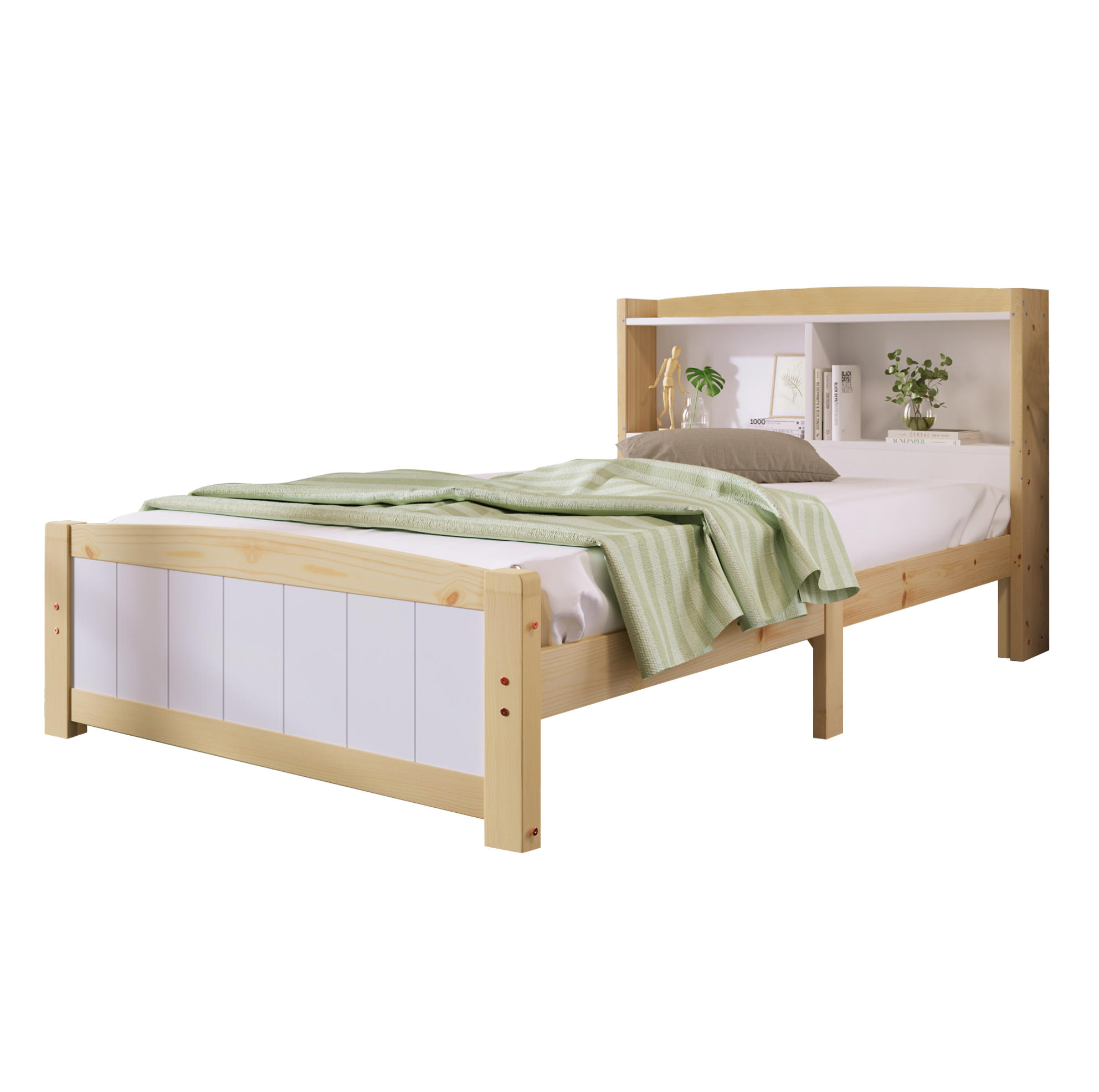 RAHMENBETT Einzelbett 90/200 cm mit Stauraum-Kopfteil aus massivem Holz in Weiß - Naturfarben, Holz (90/200cm) - OKWISH