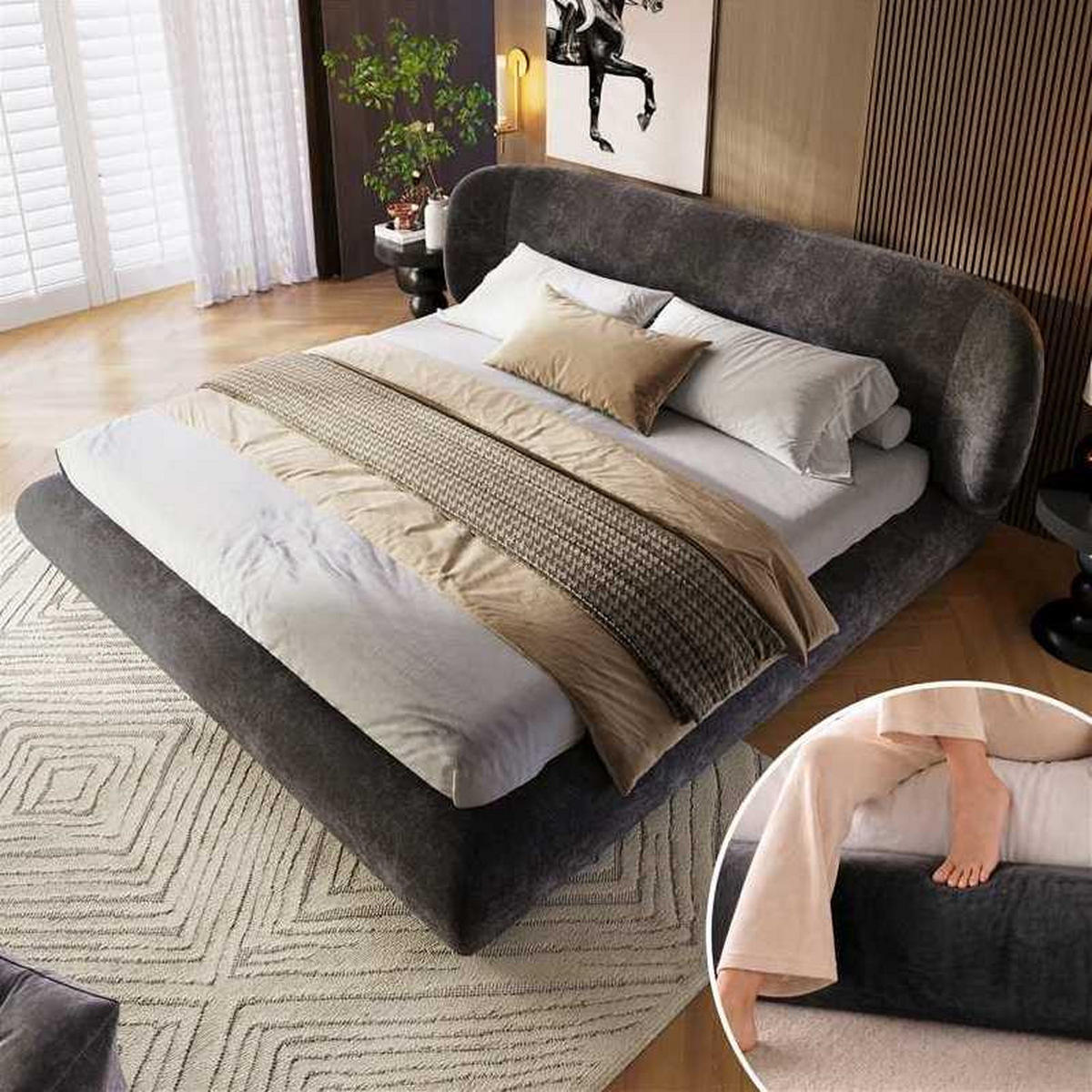 POLSTERBETT aus Chenille 160x200 cm Grau mit Lattenrost und gepolstertem Kopfteil - Grau, Textil (160/200cm) - Modfu