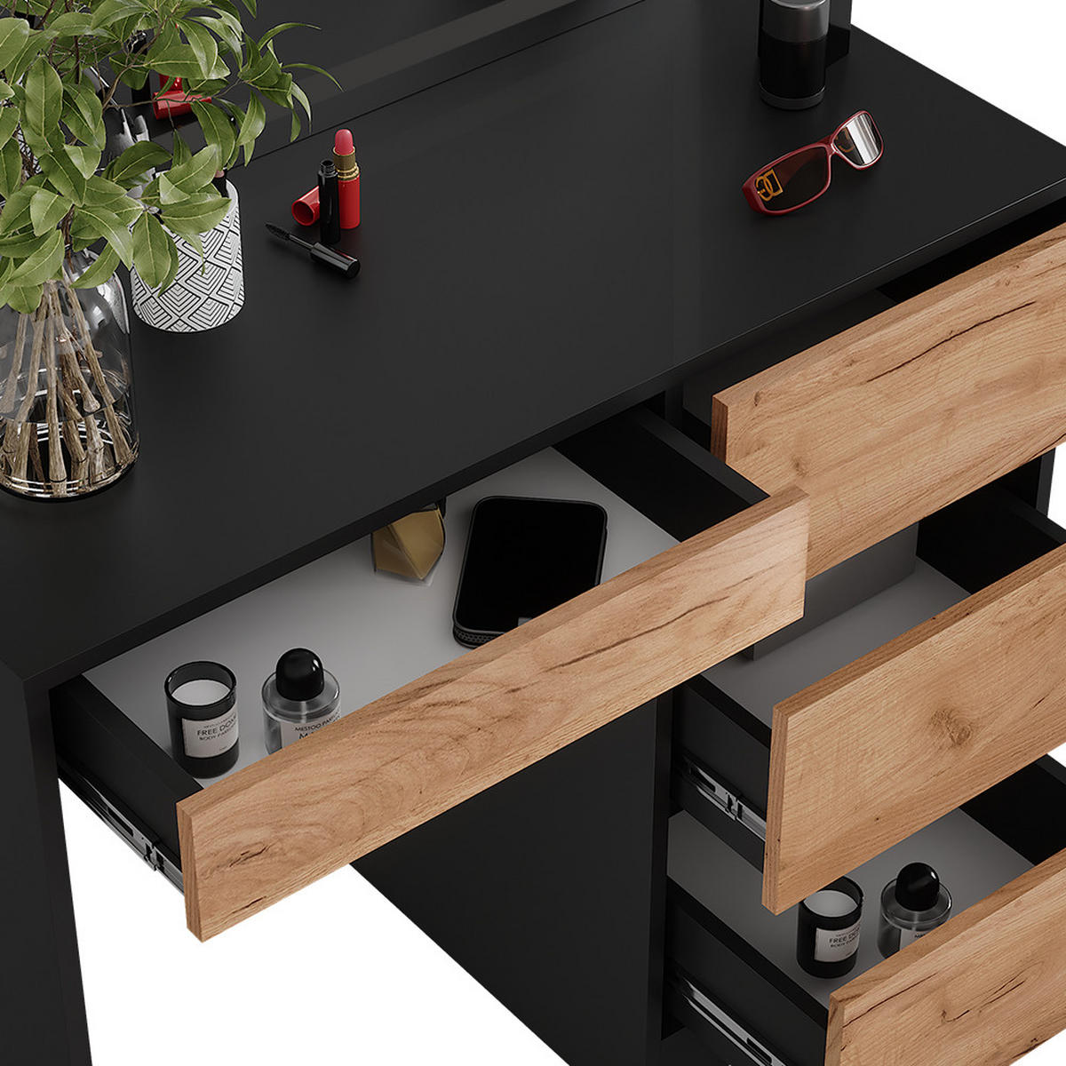 SCHMINKTISCH Sherry Anthrazit/Goldkraft Eiche 90 x 75 cm mit LED-Spiegel - Honigeiche/Anthrazit, Holzwerkstoff (90/75/40cm) - Vicco