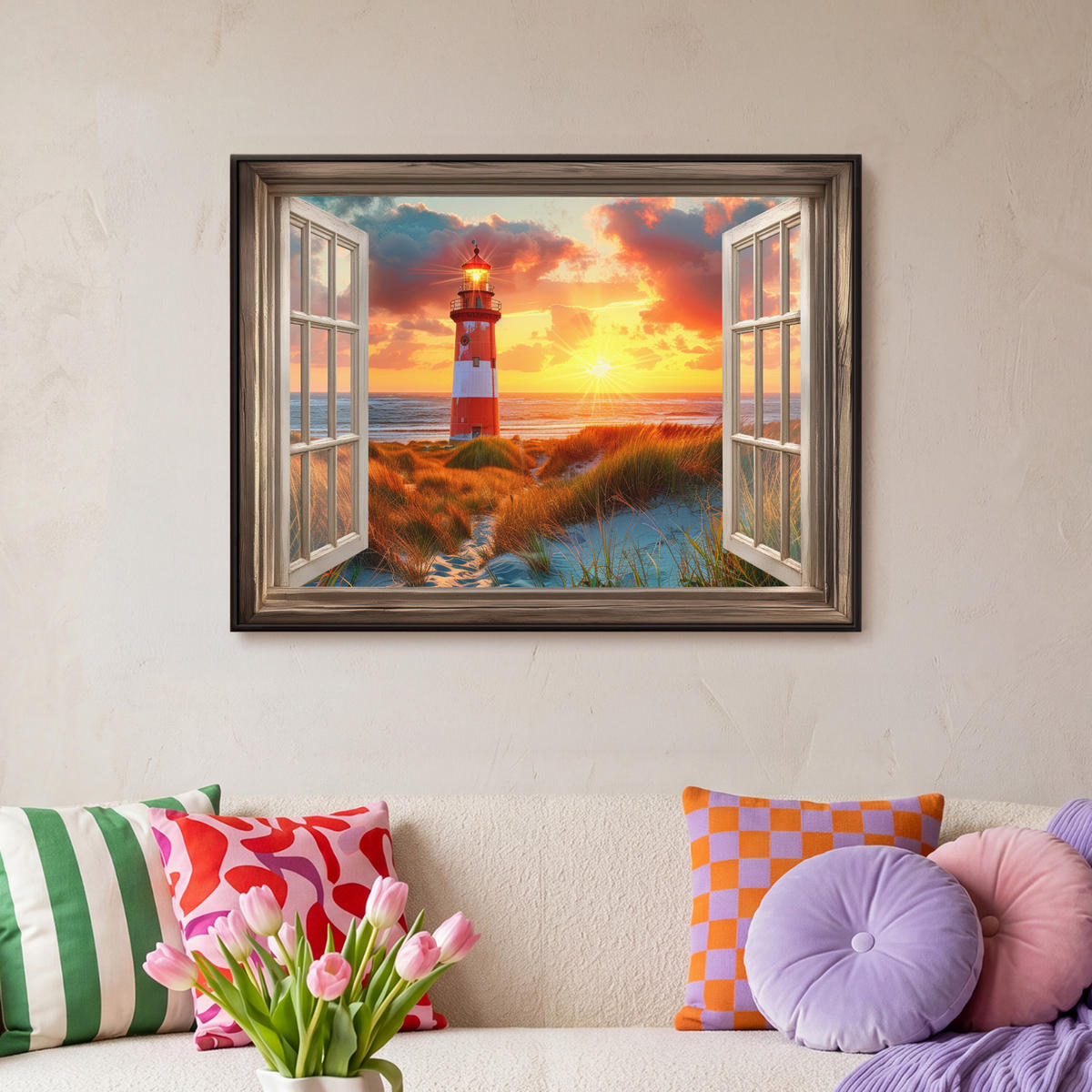 LEINWAND Bilder mit Rahmen - Aussicht - Fenster - Leuchtturm - Sonnenuntergang - Strand - 70x50 - Dunkelorange, Textil (70/50cm) - MuchoWow