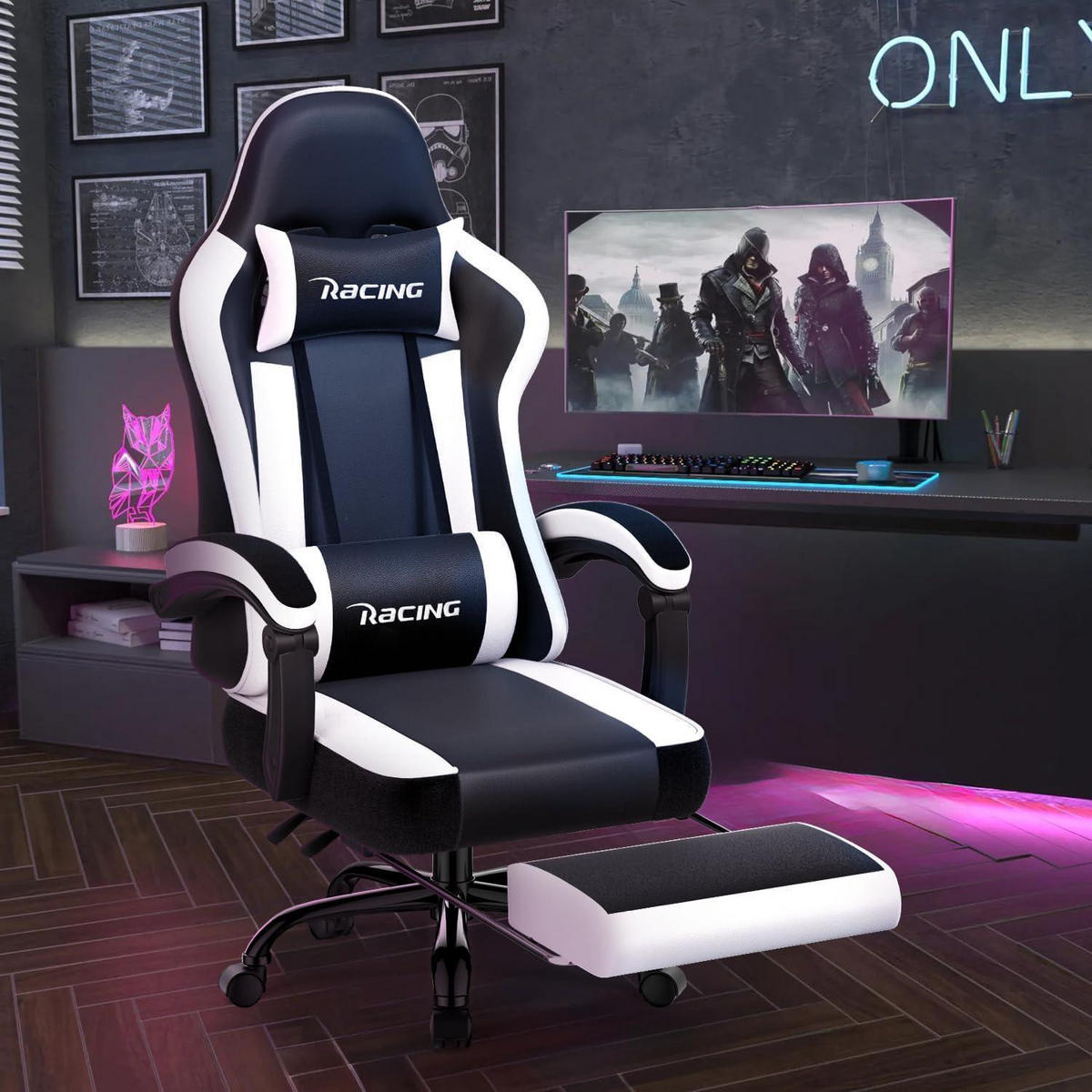 GAMING Stuhl ergonomisch mit Fußstütze und verstellbaren Kissen Weiß - Multicolor, Kunststoff (71/139/71cm)