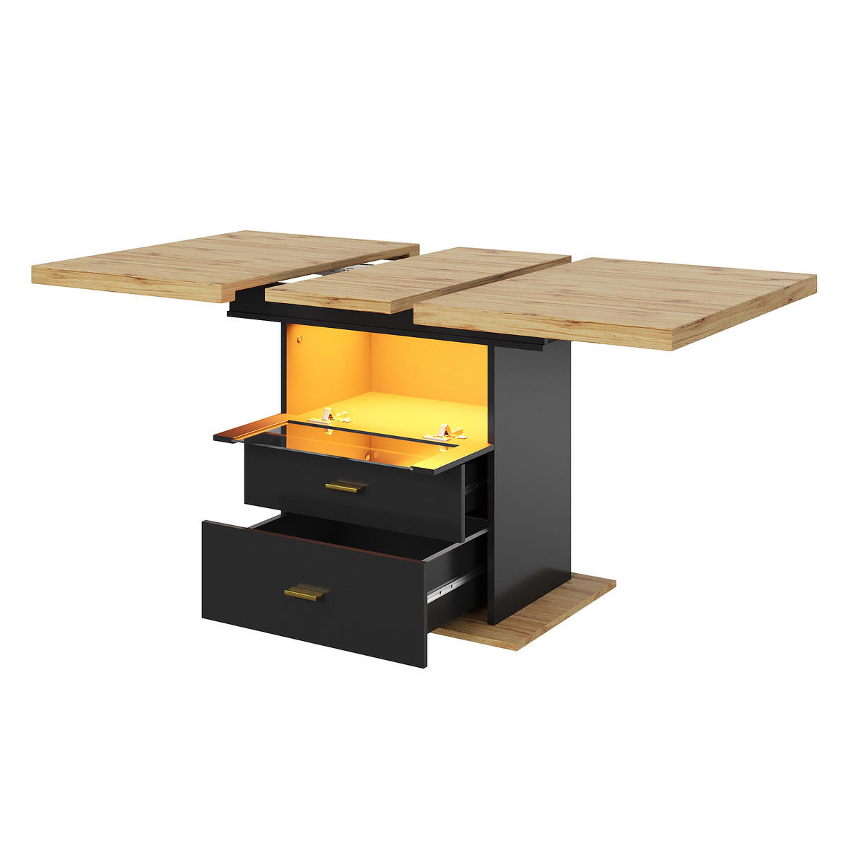 ESSTISCH 110-140x80x75 cm in Natur und Schwarz aus MDF mit LED-Beinen ausziehbar - Naturfarben, Holzwerkstoff (140/80/75cm) - Modfu