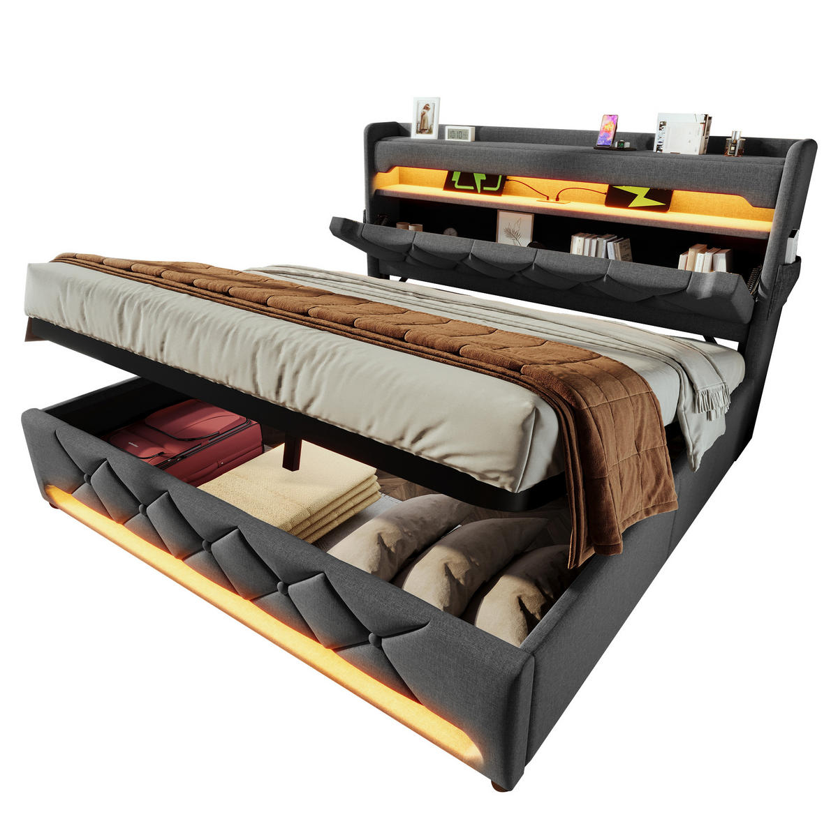 POLSTERBETT 160/200 cm mit hydraulischem Bettkasten, 360° LED & USB/Typ-C, Grau - Grau, Textil (160/200cm) - Redom