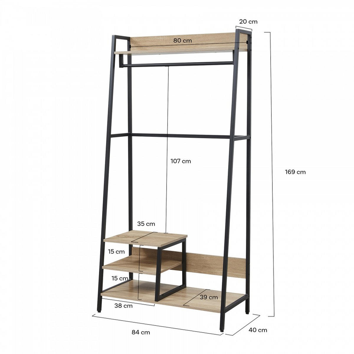EINGANGSGARDEROBE FLORE /Gebleichte Eiche und schwarzes Metall - Schwarz, Metall (40/169/84cm) - Weber Industries