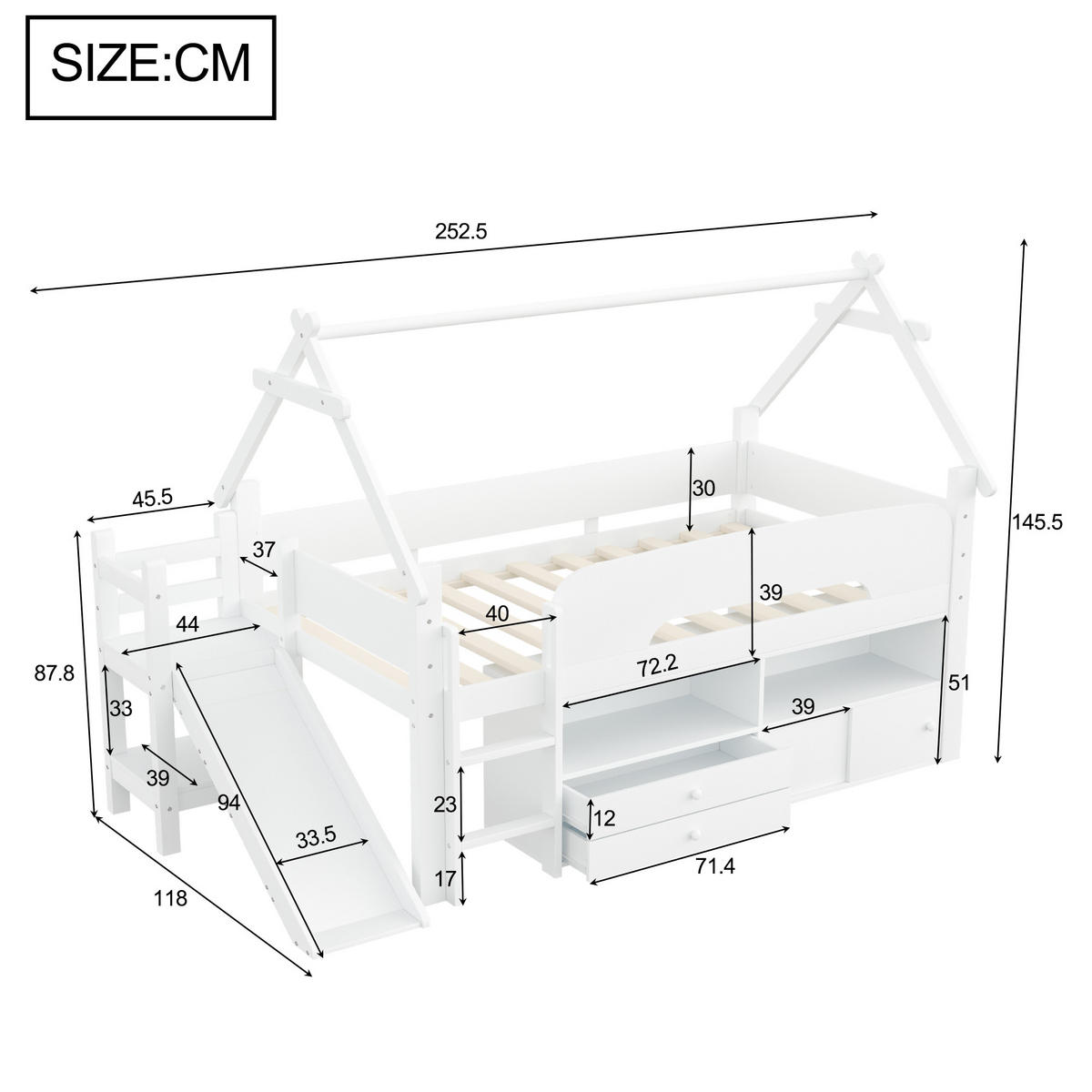 KINDEREINZELBETTEN aus Massivholz 90x200 cm in Weiß mit Rutsche & Stauraum - Weiß, Holz (90/200cm) - Modfu
