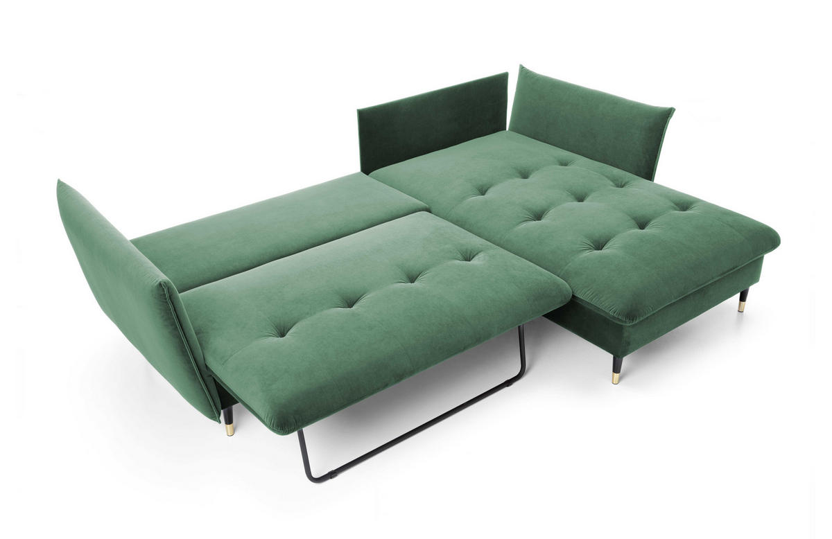 ECKSOFA GLAM mit Schlaffunktion, Ottomane & goldenen Füßen – Samtsofa im Glamour-Stil mit Zierkissen, 258x167x91 cm, rechte, grün​ - Grün, Holz/Textil (258/167cm) - DomoHome