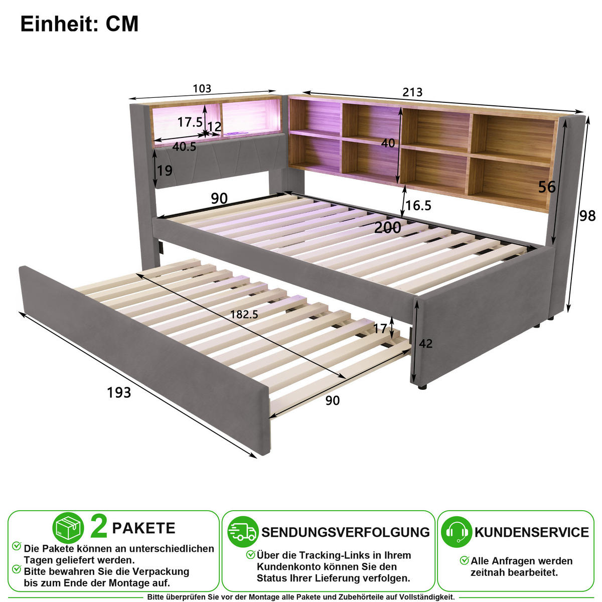 SCHLAFSOFA 90/200 cm & 90/190 cm in Dunkelgrau Flanell mit LED, USB, Type-C und Ablagefächern - Dunkelgrau, Holzwerkstoff/Textil (90/200cm) - CHICFURN