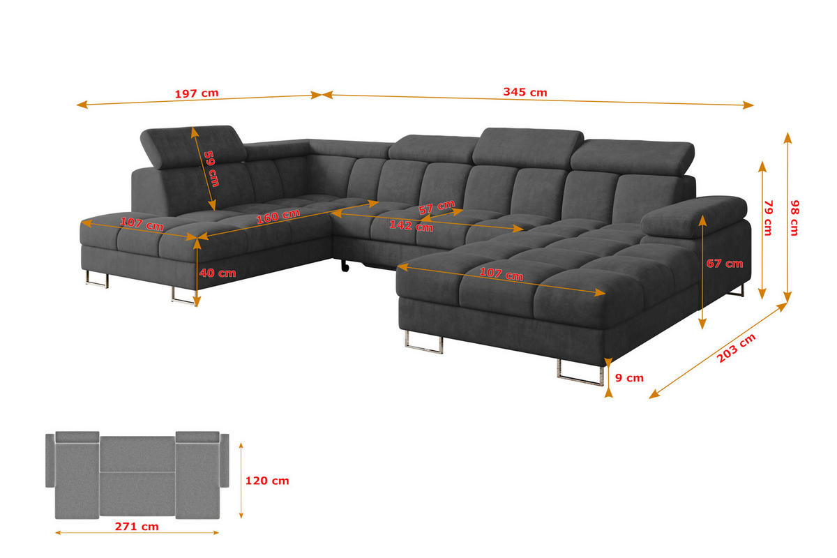 WOHNLANDSCHAFT mit Schlaffunktion und Bettkasten Ottomane Links COMA U 345x203x79 Dunkelgrau Velours - Dunkelgrau, Holzwerkstoff/Textil (345/79/203cm) - ALTDECOR