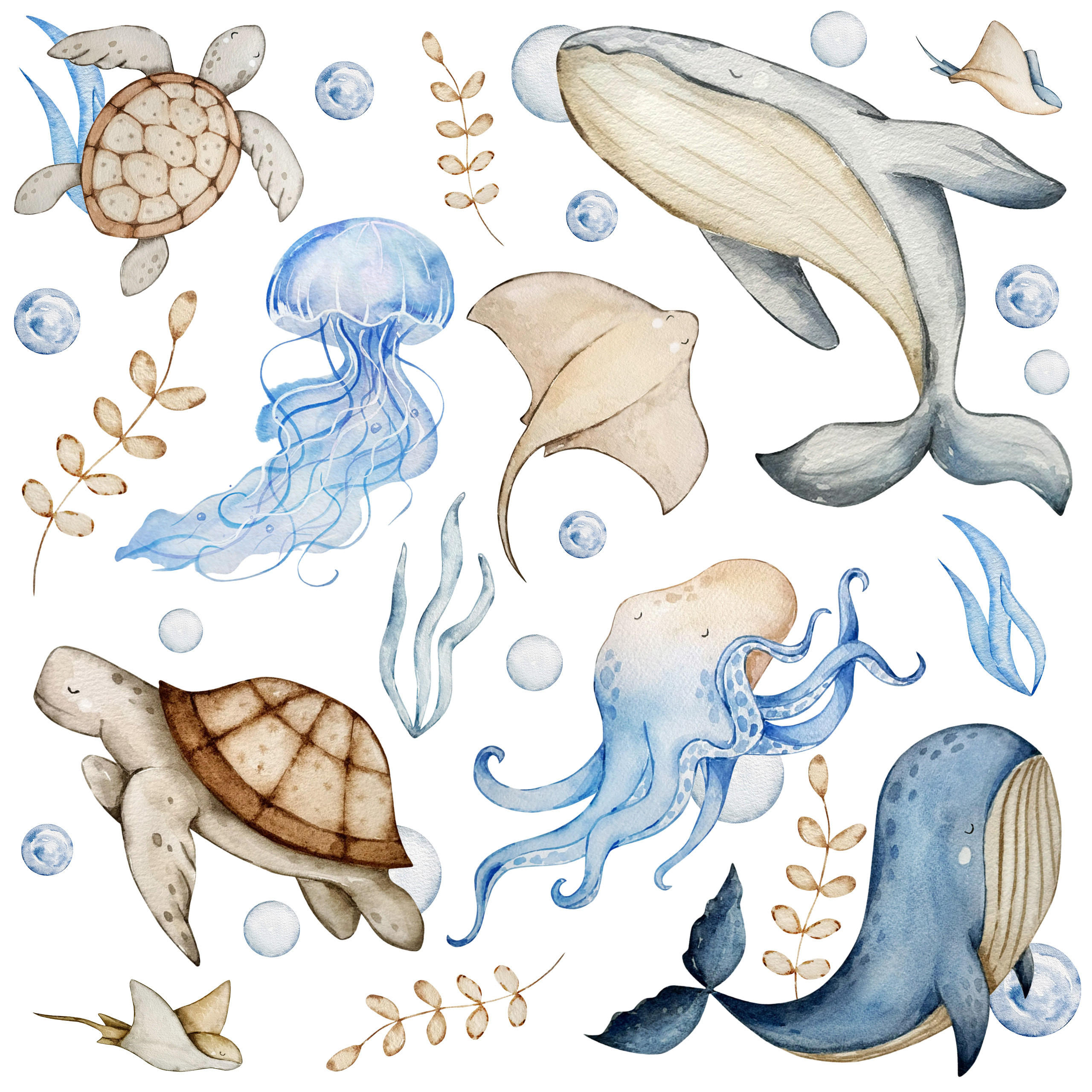 WANDAUFKLEBER SET für Kinder Meerestiere Pflanzen 120x60 - Beige/Braun, Papier (120/60/1cm) - Muralo