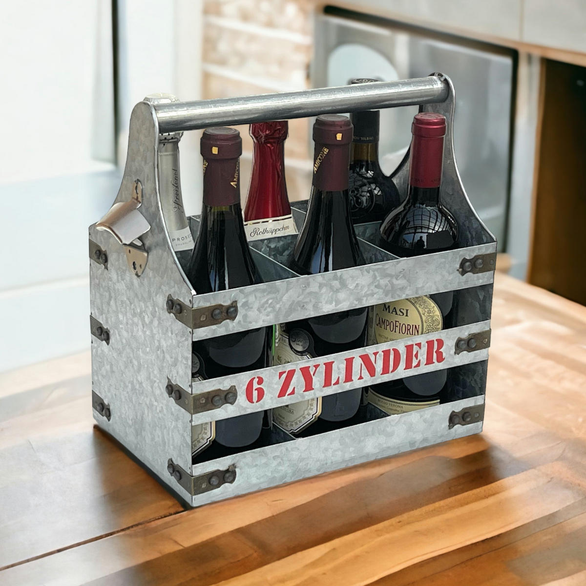 WEINTRÄGER Metall mit Öffner 6 Zylinder 96402 - Grau, Metall (33/33/20cm) - DanDiBo