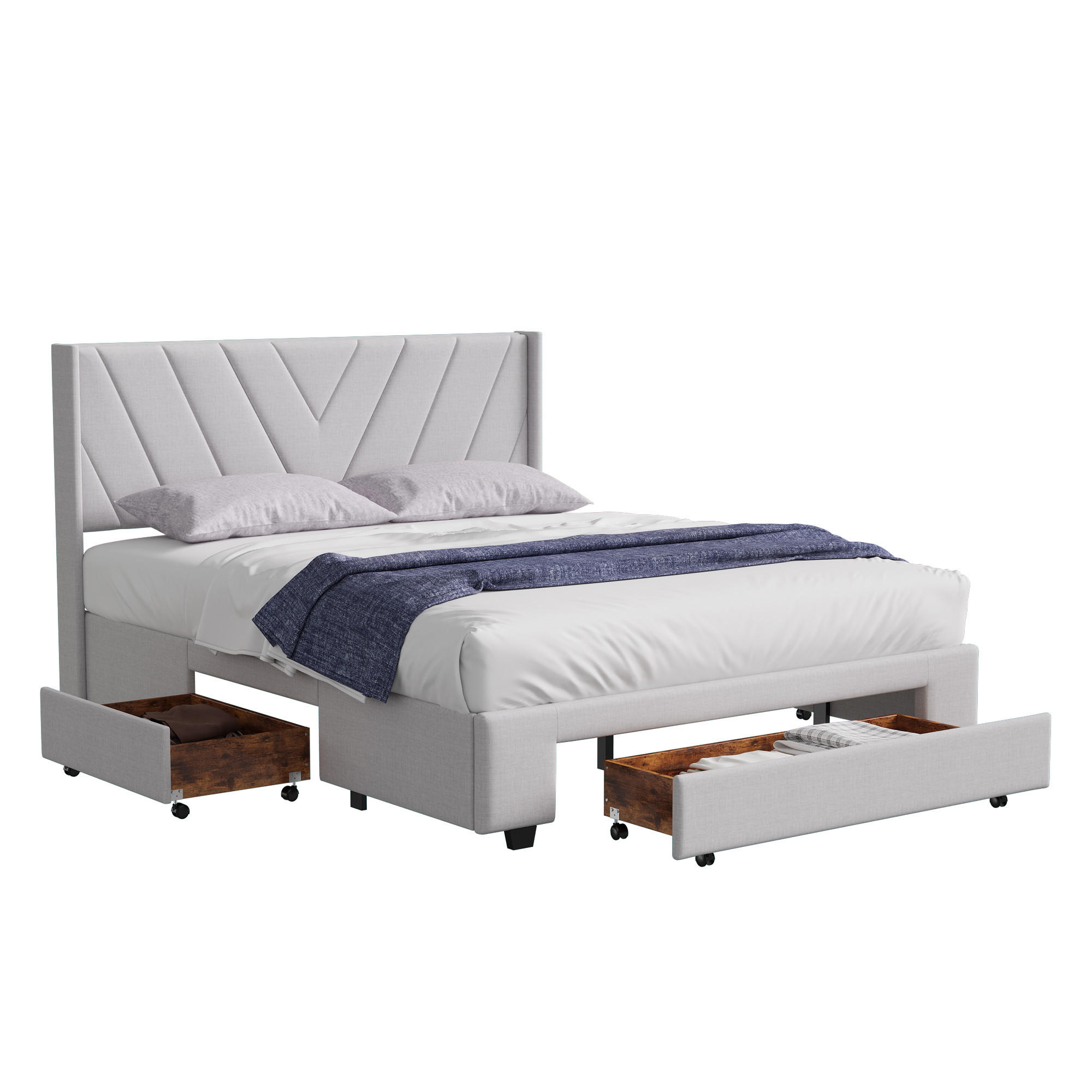 POLSTERBETT 140x200 cm LED Schubladen Stauraum Lattenrost beige - Beige, Holz (140/200cm) - LEBENLANG