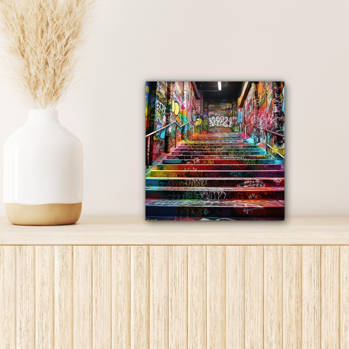 LEINWANDBILD Treppe - Graffiti - Farben - Kunst Deko Wohnzimmer 20x20 cm - Multicolor, Textil (20/20cm) - MuchoWow