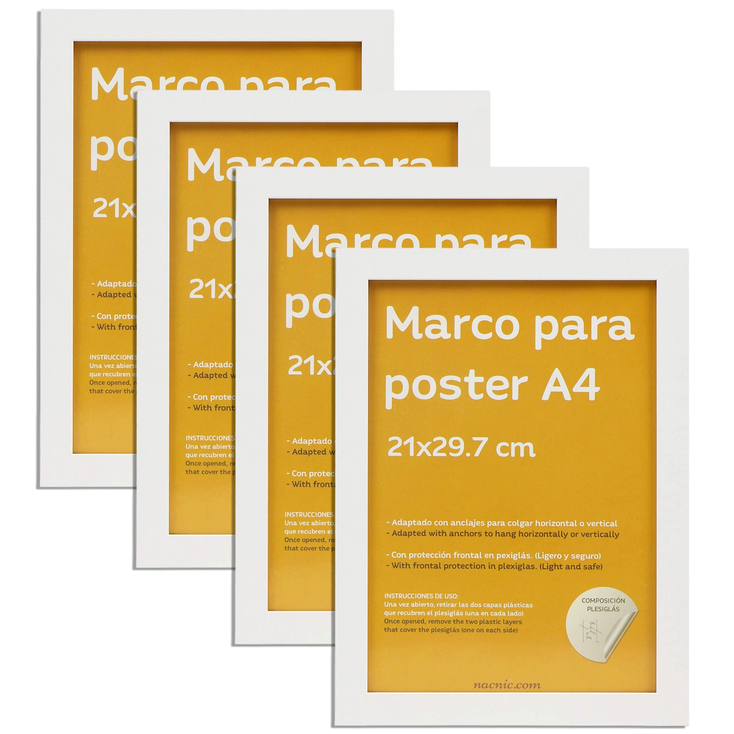 RAHMEN Set mit 4 aus MDF und Acrylglas Schutz und Aussteller für Fotografien, Bilder, Poster, Gemälde, Dekoration für Haus Farbe Weiß A4 - Weiß, Holz (21/3/29.7cm) - Nacnic