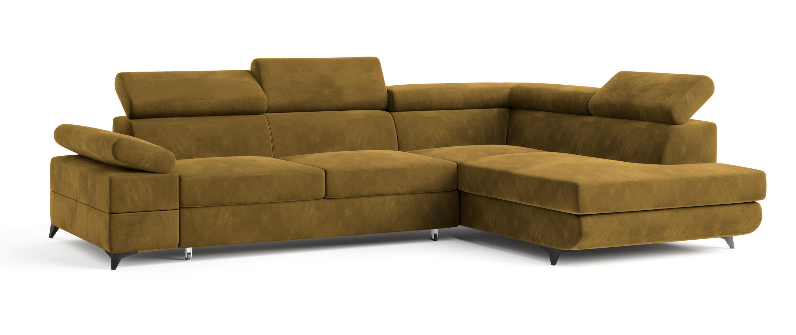 ECKSOFA FAVIEN R-S Gelb Velours-Stoff mit Schlaffunktion - Gelb, Holz (257/190cm) - MASSENO