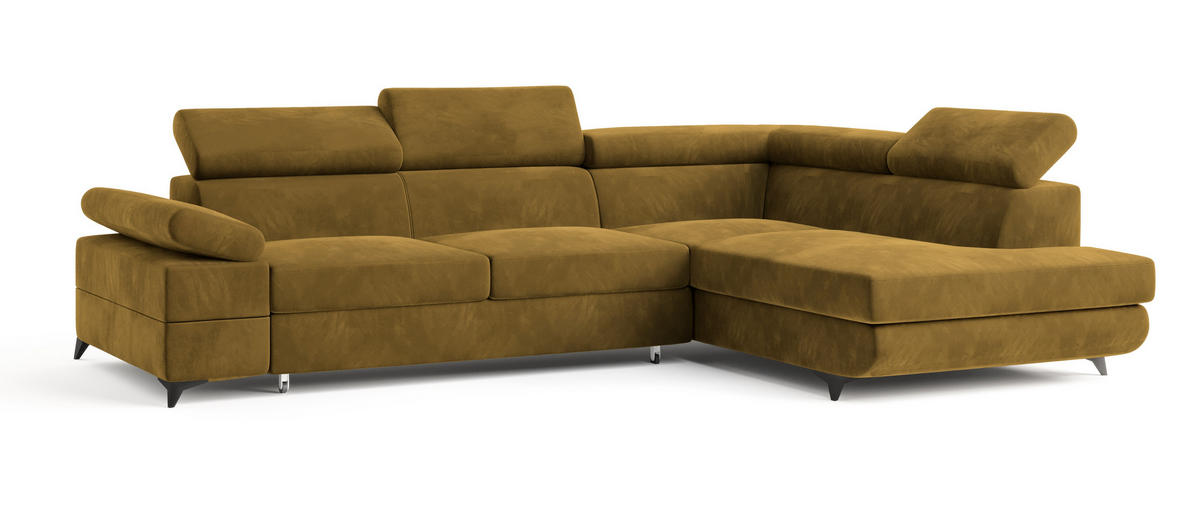 ECKSOFA FAVIEN R-S Gelb Velours-Stoff mit Schlaffunktion - Gelb, Holz (257/190cm) - MASSENO