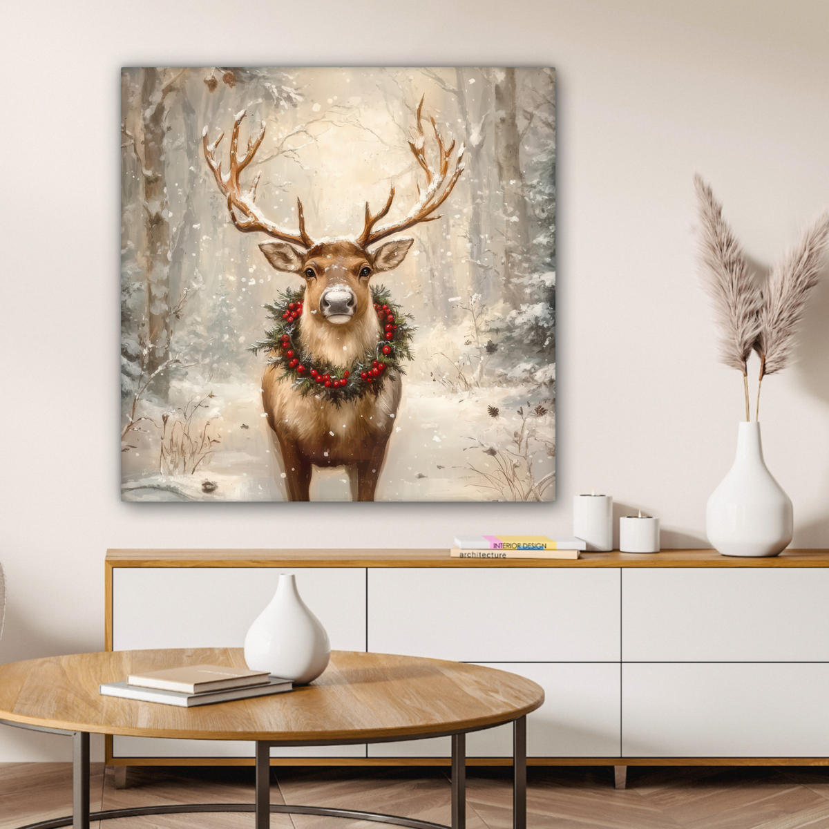 LEINWANDBILD Weihnachten - Rentier - Winter - Kranz Deko Groß 90x90 cm - Braun, Textil (90/90cm) - MuchoWow