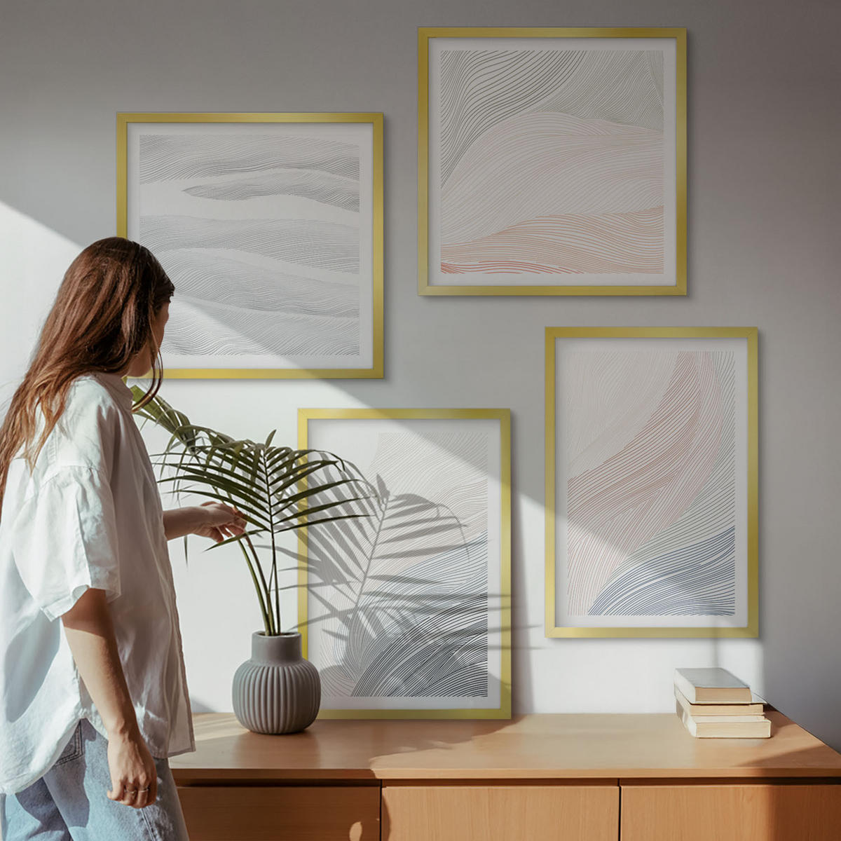 BILDER SET 4er Set - 50x50 cm & 40x60 cm Goldrahmen - Abstrakte Pastellwellen - Goldfarben, Kunststoff (50/50cm) - TULUP