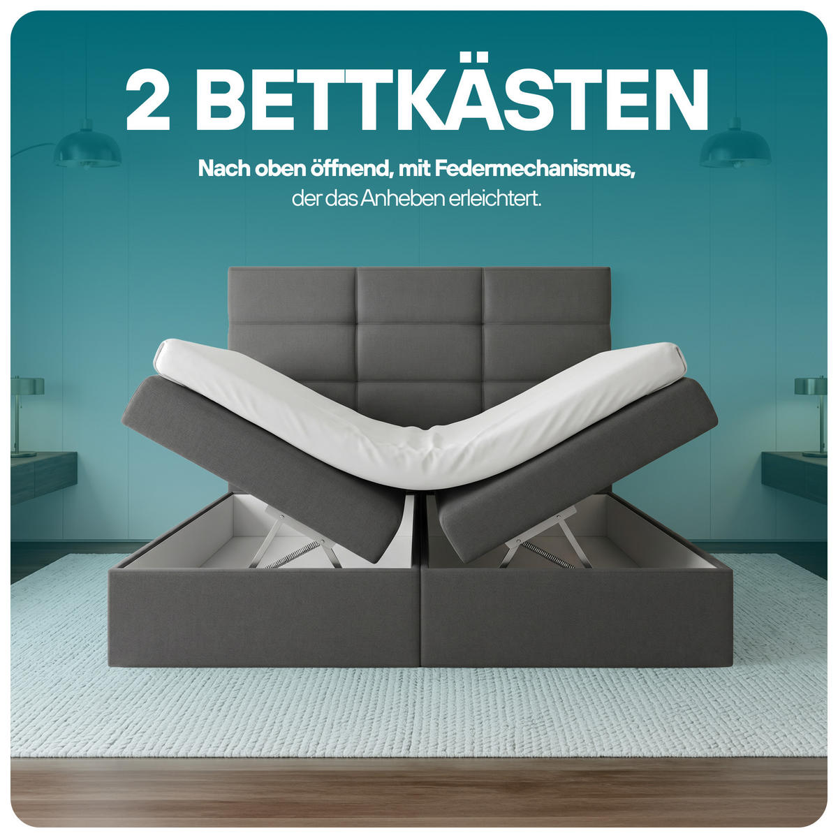 BOXSPRINGBETT 200x200 cm, TOP mit Bonellmatratze, Elegant gestepptes Kopfteil und Bettkasten, Dunkelgrau - Dunkelgrau, Holzwerkstoff/Kunststoff (200/200cm) - Trada