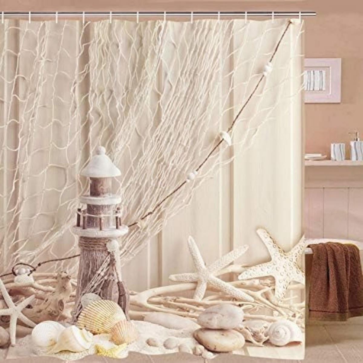 DUSCHVORHANG Beige Stoff Muster Muscheln mit Schlaufen - Multicolor, Textil (180/120cm) - MCBOSON