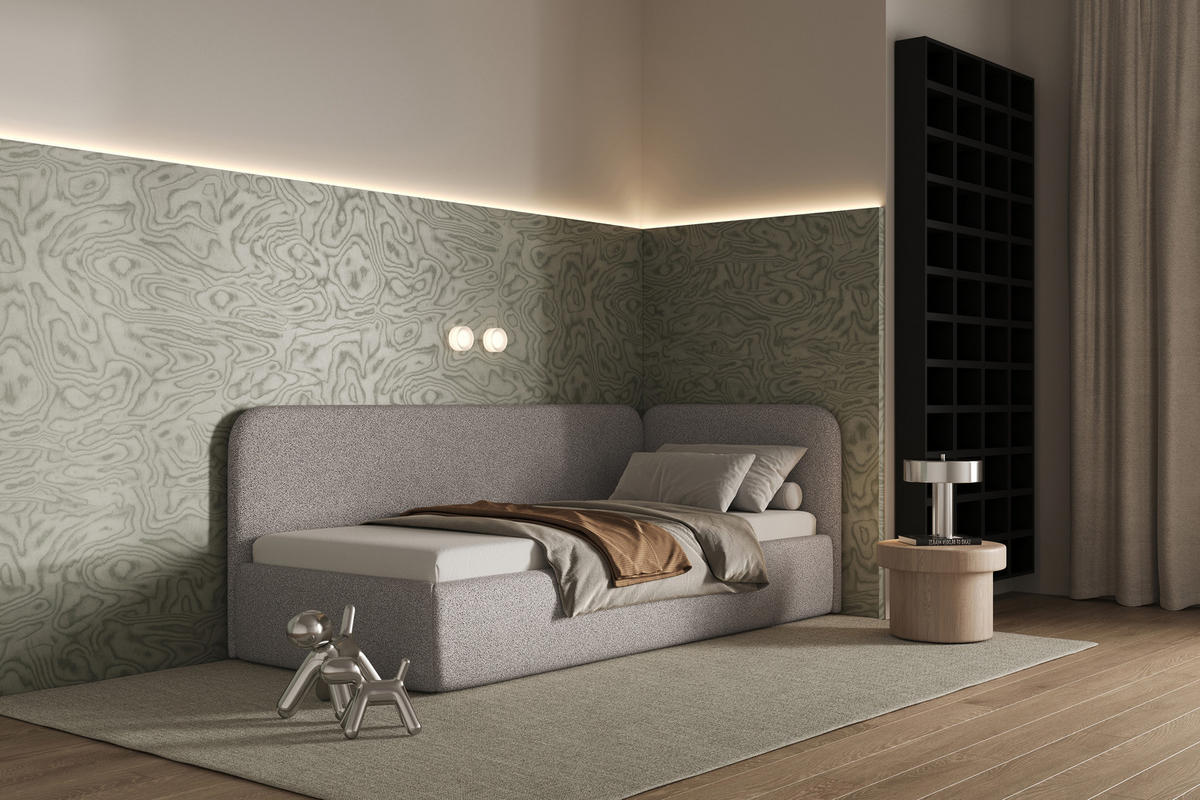 POLSTERBETT BAO mit Bettkasten, Einzelbett, rechts - 90x200 cm - Naturfarben/Grau, Holz/Textil (90/200cm) - mybed.