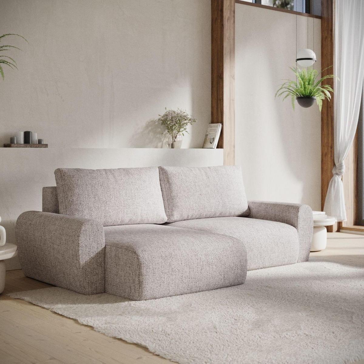 ECKSOFA OMARI mit Schlaffunktion Beige im Neve Stoff - Beige/Schwarz, Holz/Holzwerkstoff (253/153cm) - AltaBeds