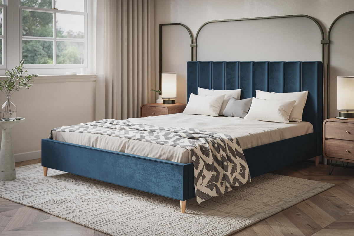POLSTERBETT LUX Tokio mit Kopfteil, 140 x 200 cm, Doppelbett mit Lattenrost aus Holz, Velourstoff Dunkelblau, Füße in Farbe: Braun - Dunkelblau, Holz/Textil (140/200cm) - Alpi-Möbel
