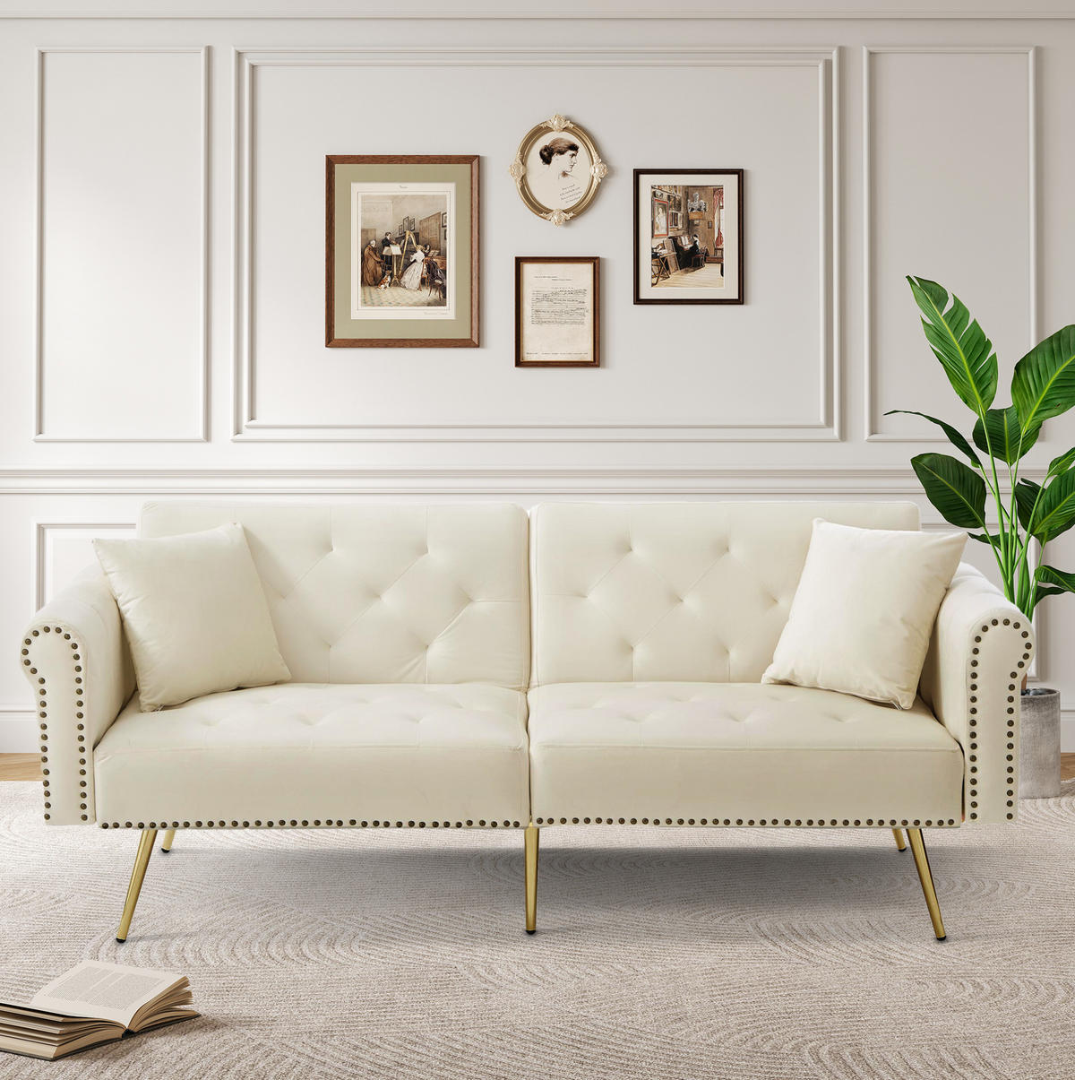 SOFA mit Schlaffunktion 2-Sitzer 147x85 cm Samt Beige - Beige, Kunststoff (173/70/75cm) - Meubliv