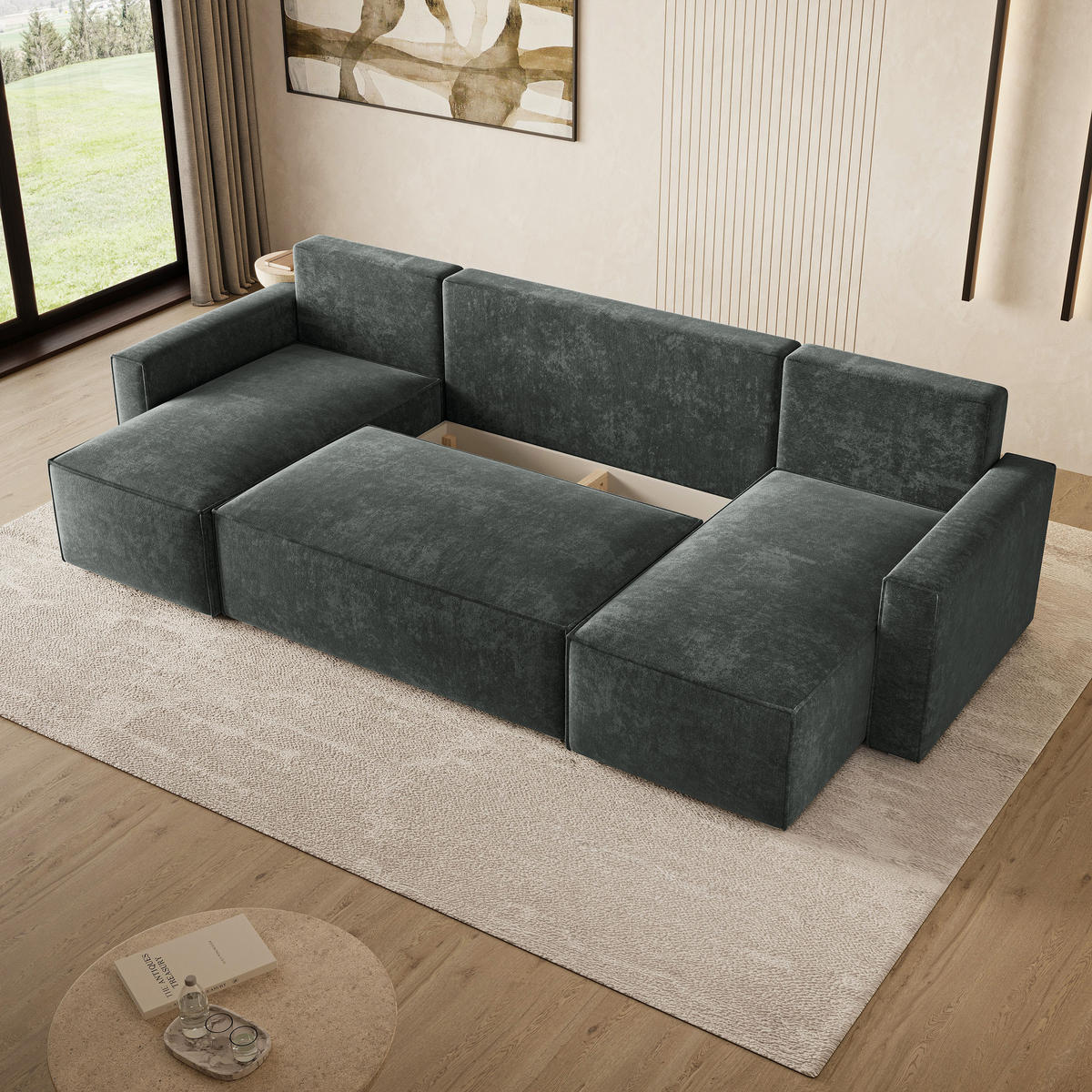 WOHNLANDSCHAFT ASPRA LM Grau Chenille mit Schlaffunktion - Dunkelgrau, Holz (295/85/140cm) - MASSENO